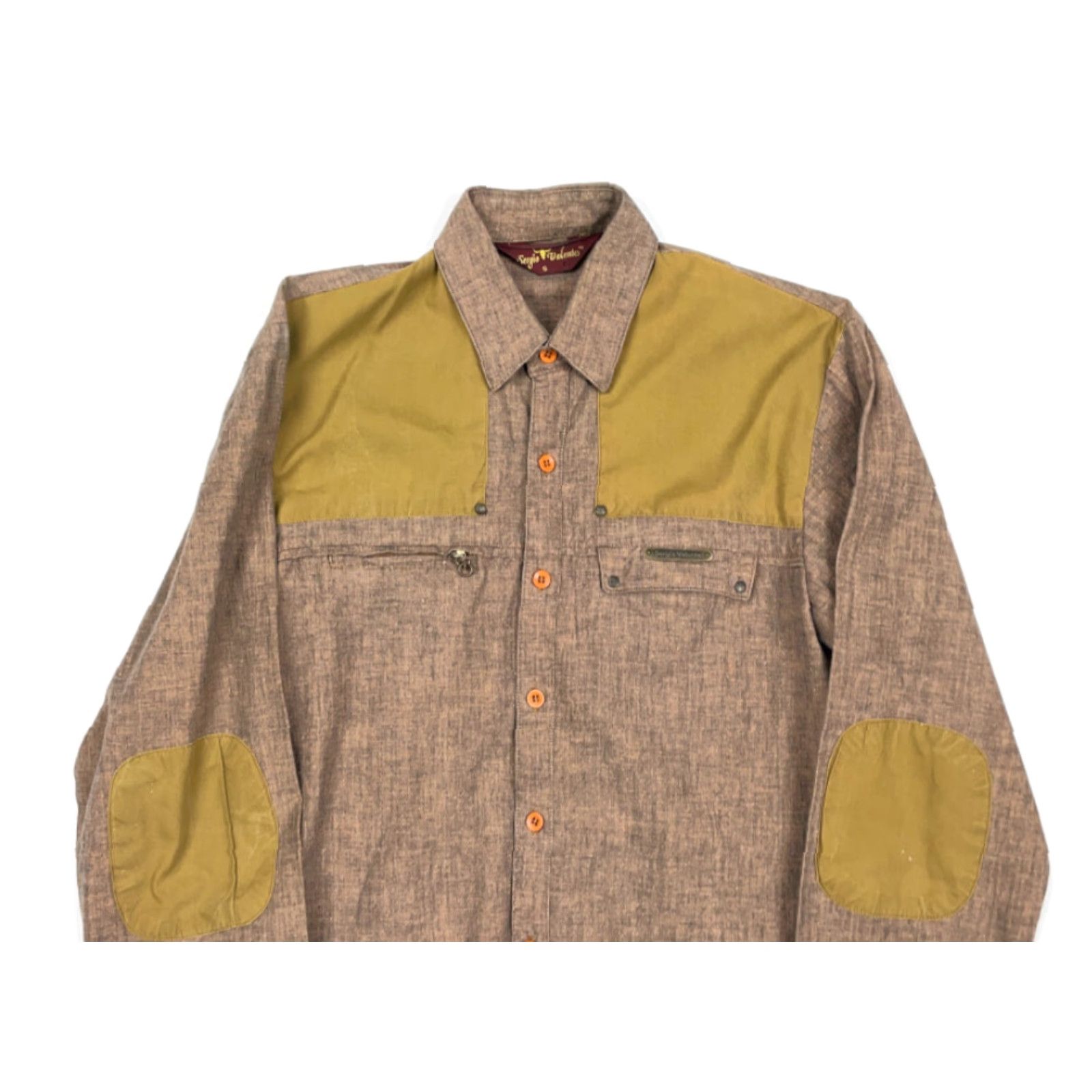 Vintage VTG 90s Brown Lightweight Hunting Shirt Sergio Valente Mens Small Button-Down Chest Pockets Collared Elbow Patches Cotton-Blend Size US S / EU 44-46 / 1 - 3 Thumbnail