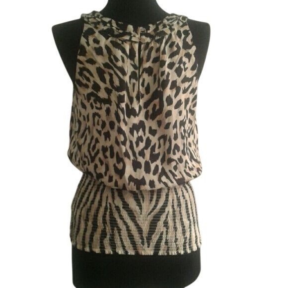 White House Black Market WHBM XS Blouse Leopard Print Sleeveless Ruffled Neckline Smo Size XS / US 0-2 / IT 36-38 - 3 Thumbnail