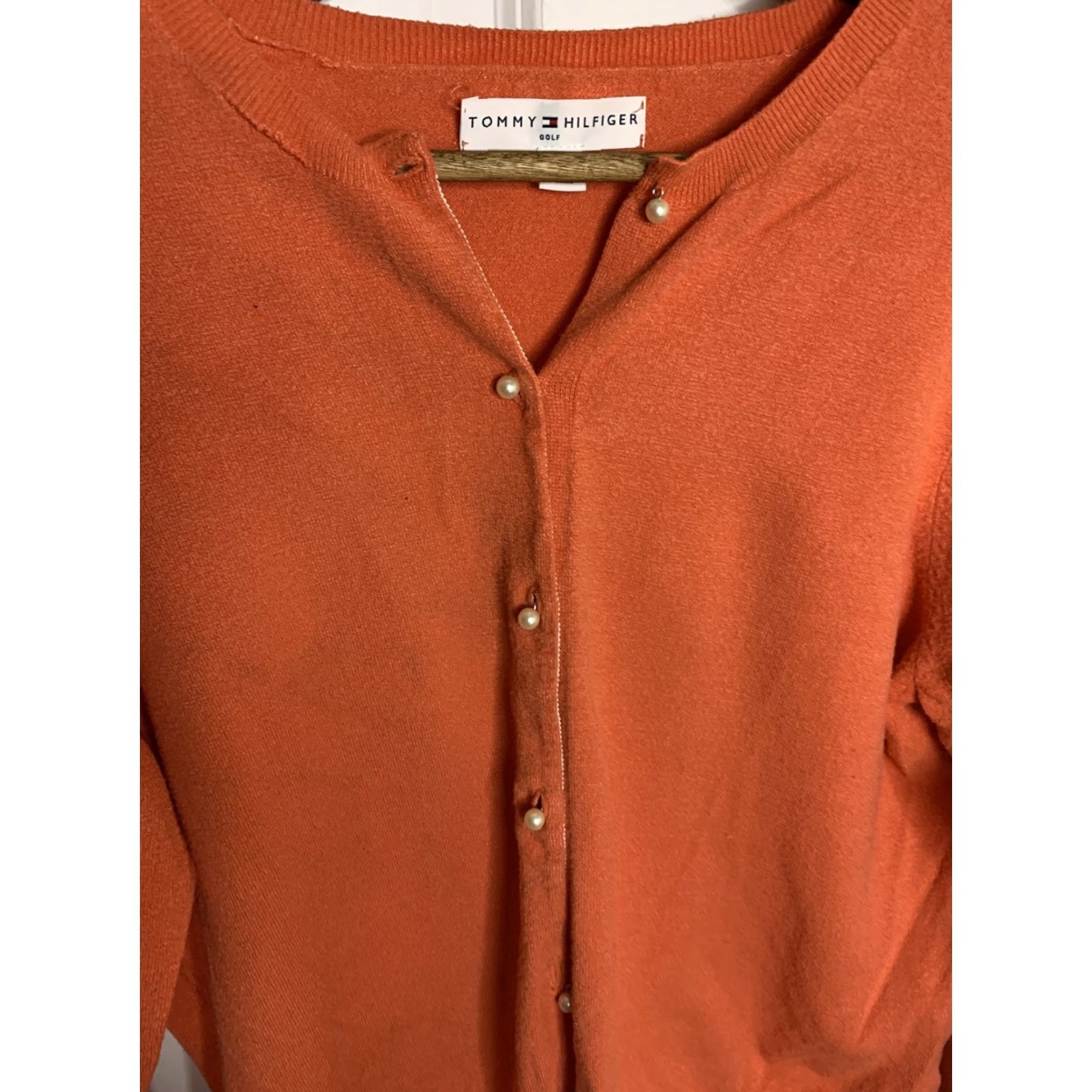 Tommy Hilfiger VINTAGE Tommy Hilfiger Golf Womens Cardigan Orange Long Sleeve L Pearl Button Mens? Girls? Wait. Size L / US 10 / IT 46 - 3 Thumbnail