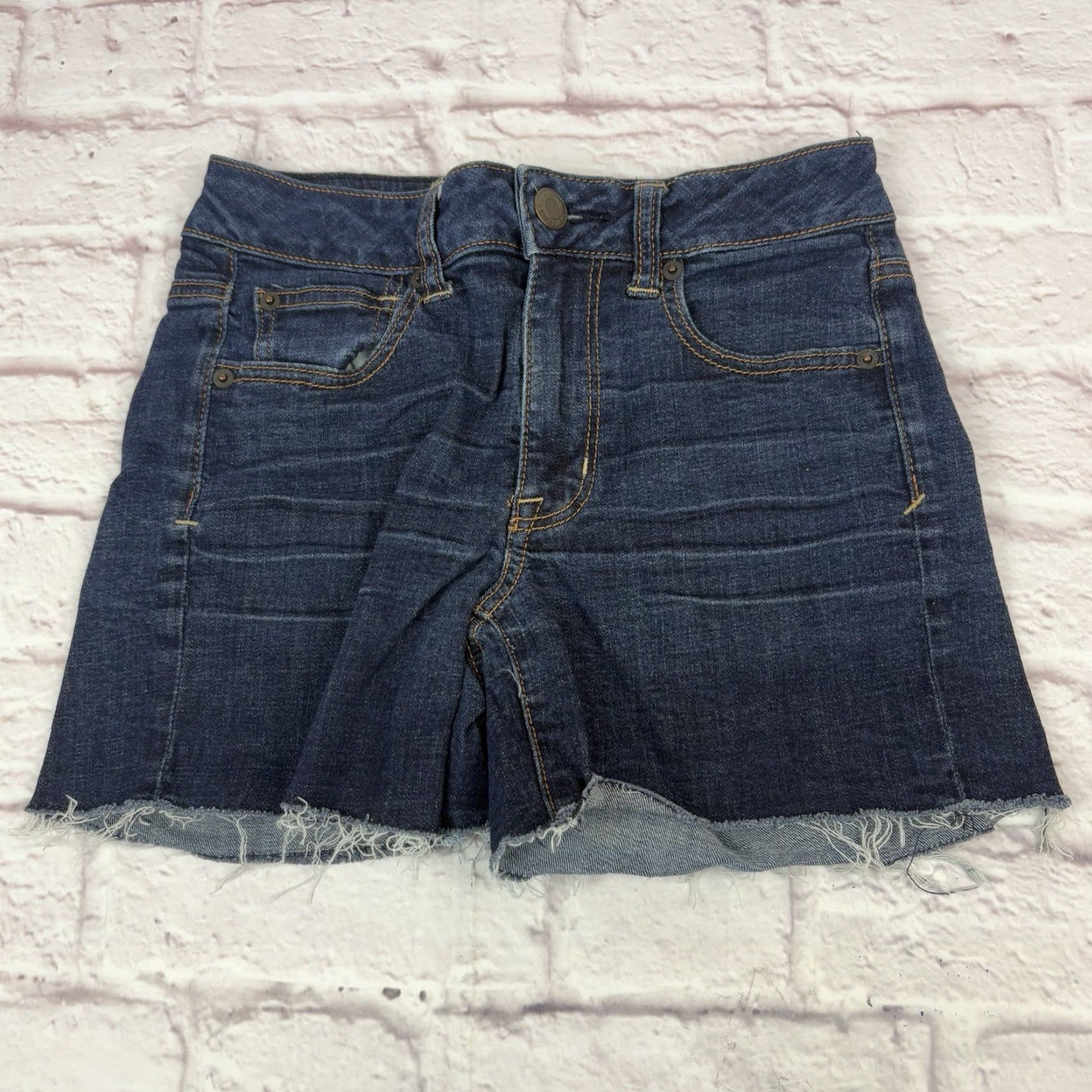 American Eagle Outfitters American Eagle Womens Denim Cut-off Shorts Dark Wash Mid Rise Size 4 Stretched Size 27" / US 4 / IT 40 - 2 Thumbnail