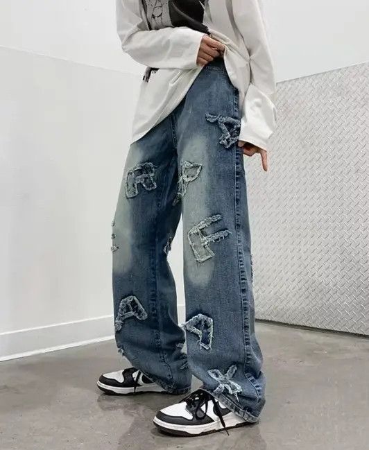 Japanese Brand American high street hiphop loose patch design washed jeans Size US 32 / EU 48 - 5 Thumbnail
