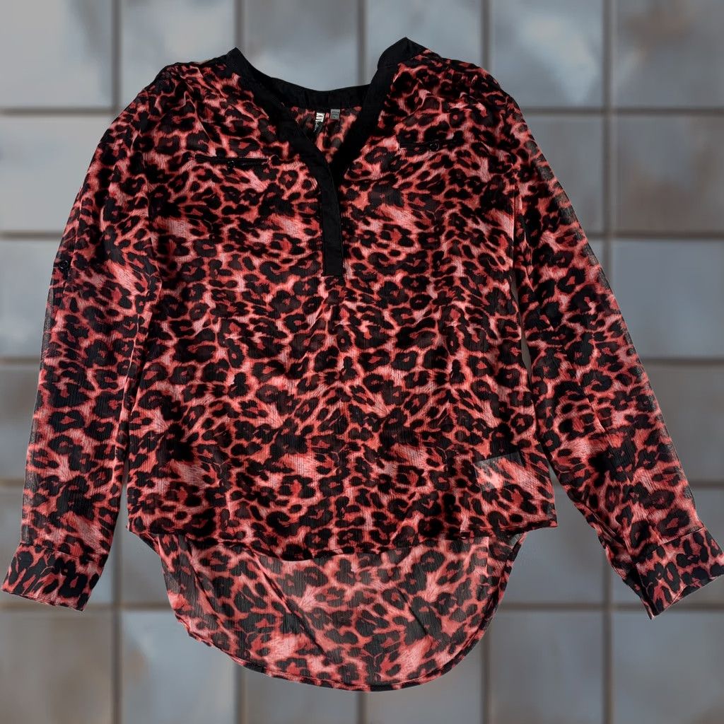 Vintage KUT FROM THE KLOTH Black Red Leopard Print Sheer Blouse Womens Large Polyester Size L / US 10 / IT 46 - 1 Thumbnail