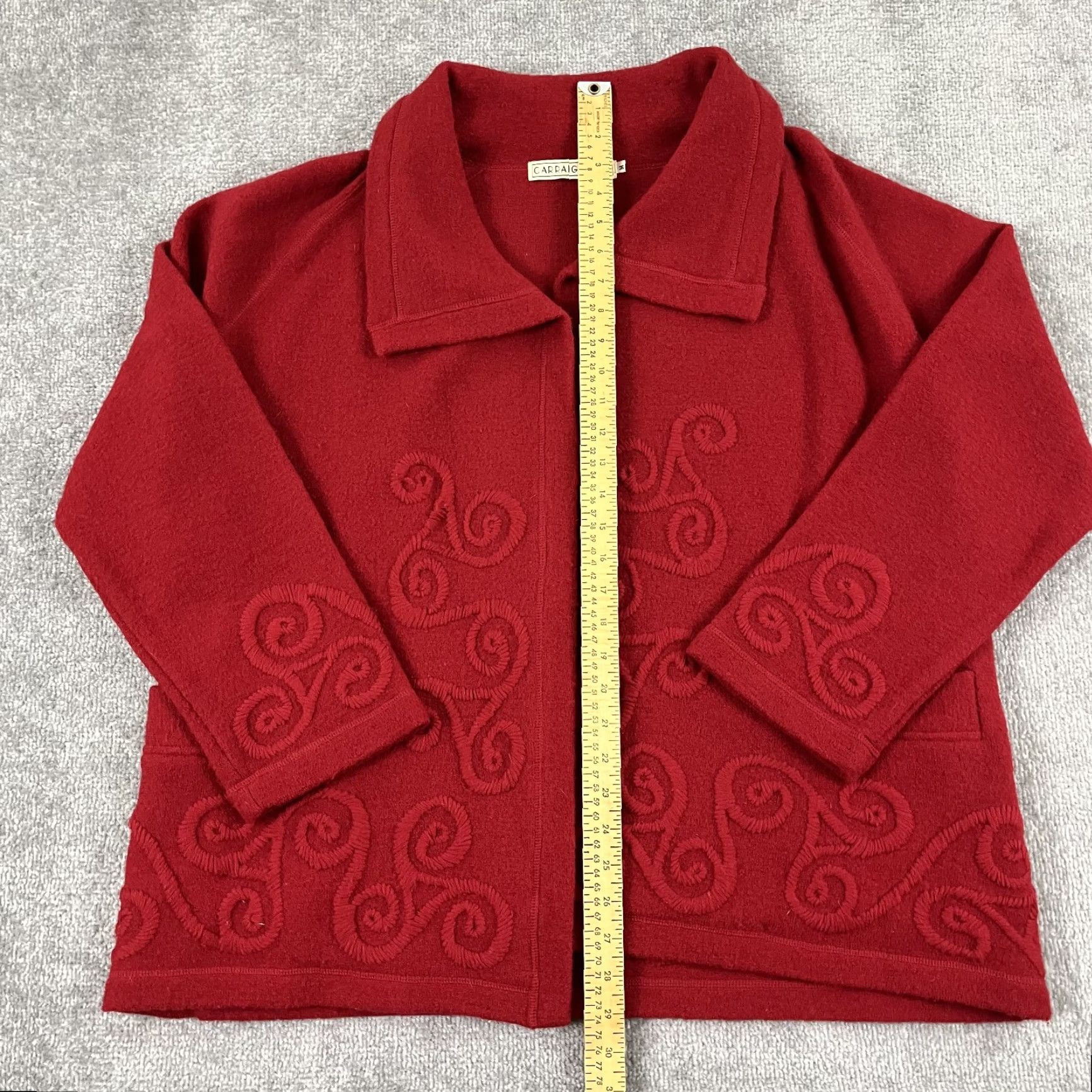 VINTAGE Carraig Donn Sweater Mens M Oversized Red Knit Stitched Wool Open Front Pullover