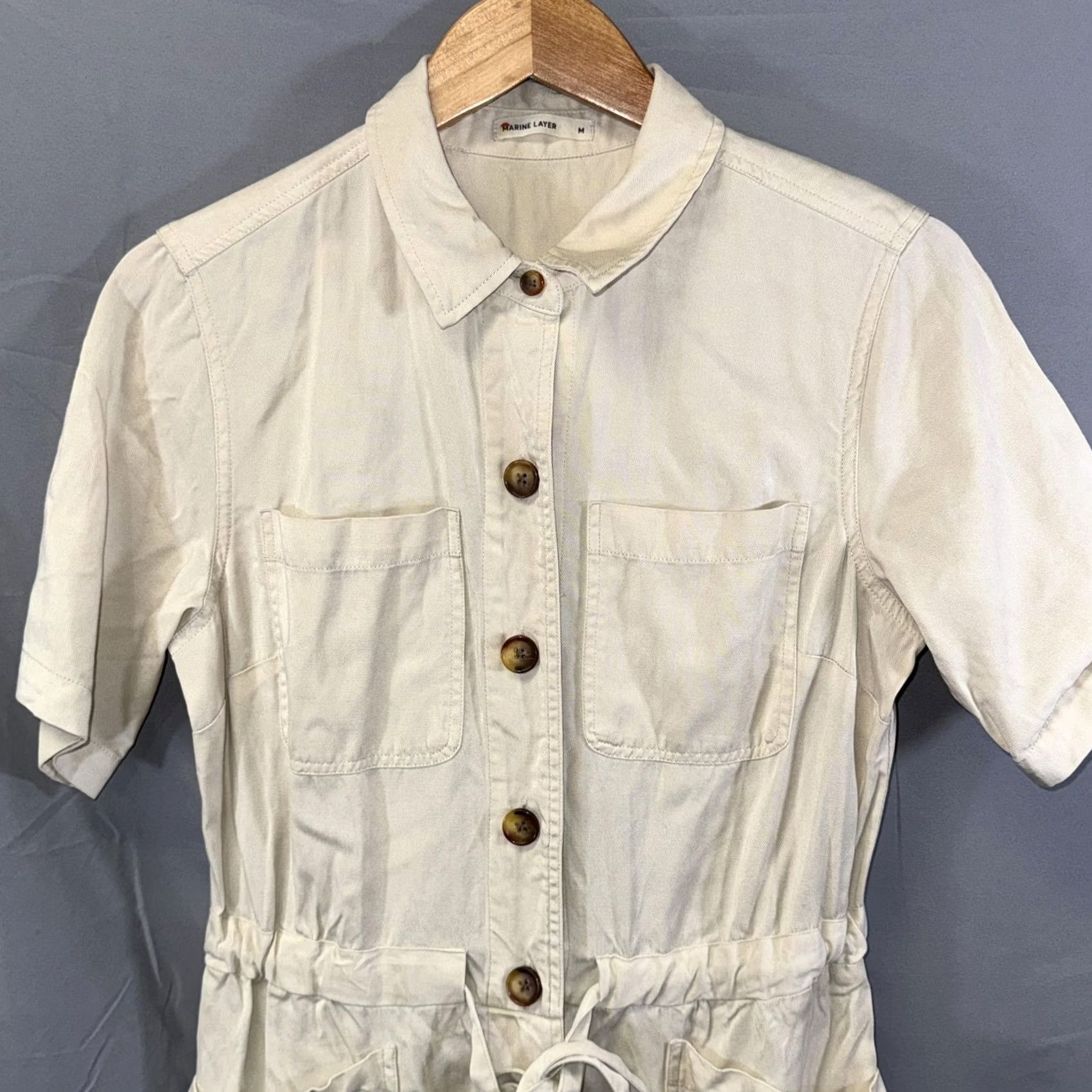 Marine Layer VINTAGE? Marine Layer Jumpsuit Womens Medium Beige Short Sleeve Button Front Utility Size 32" / US 10 / IT 46 - 5 Thumbnail