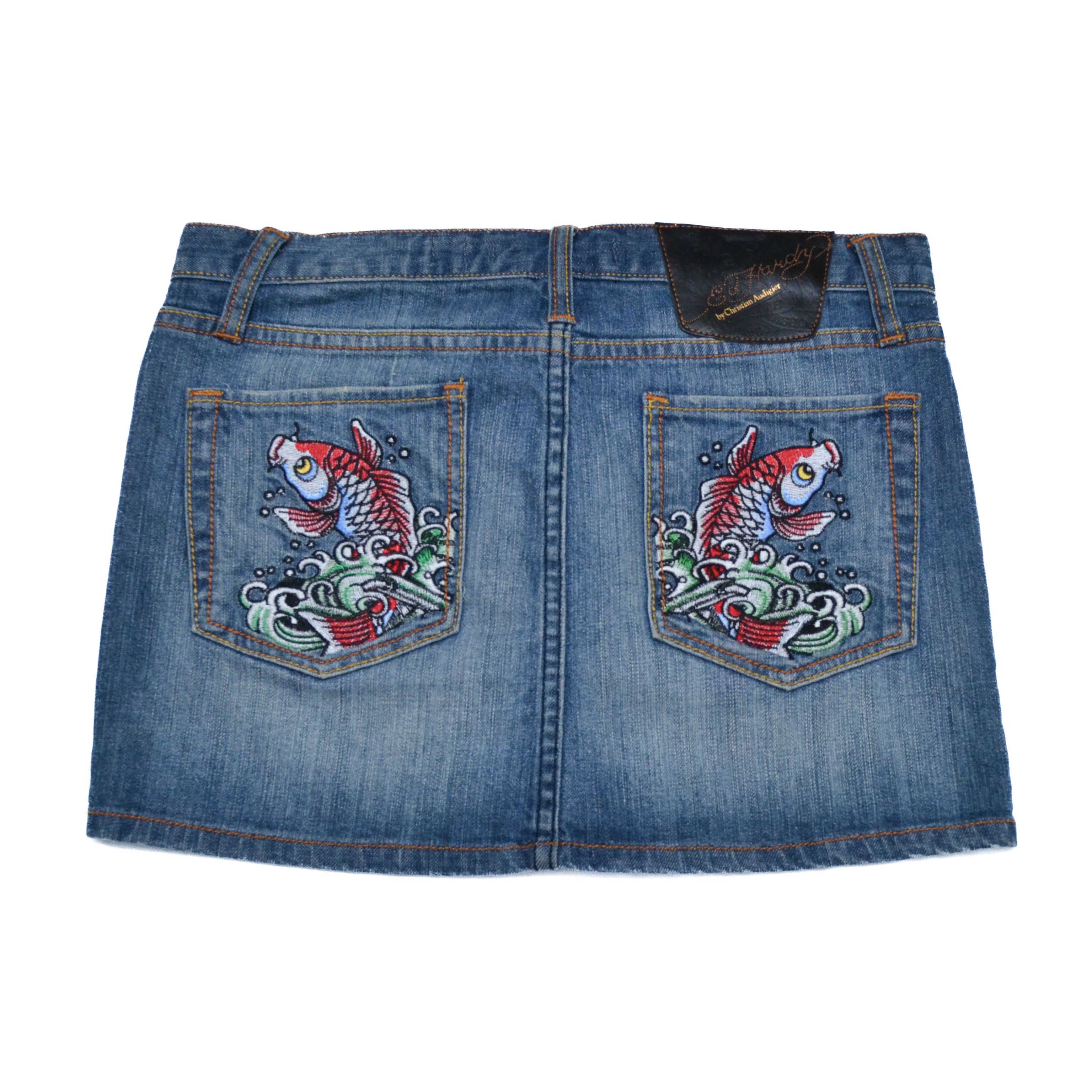 Ed Hardy Y2K Koi Fish Embroidered Denim Mini Skirt