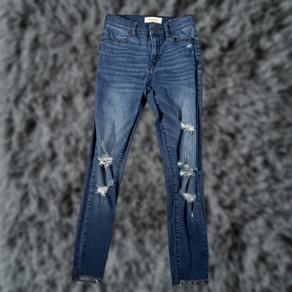 Pacsun VINTAGE? No — PacSun Jeans Women’s 23 Blue High-Rise Ankle Jegging Distressed Super Stretch Jeans 00 Womens Slim Distressed Pockets Zip Fly Size 24" / US 00 / IT 34 - 1 Thumbnail
