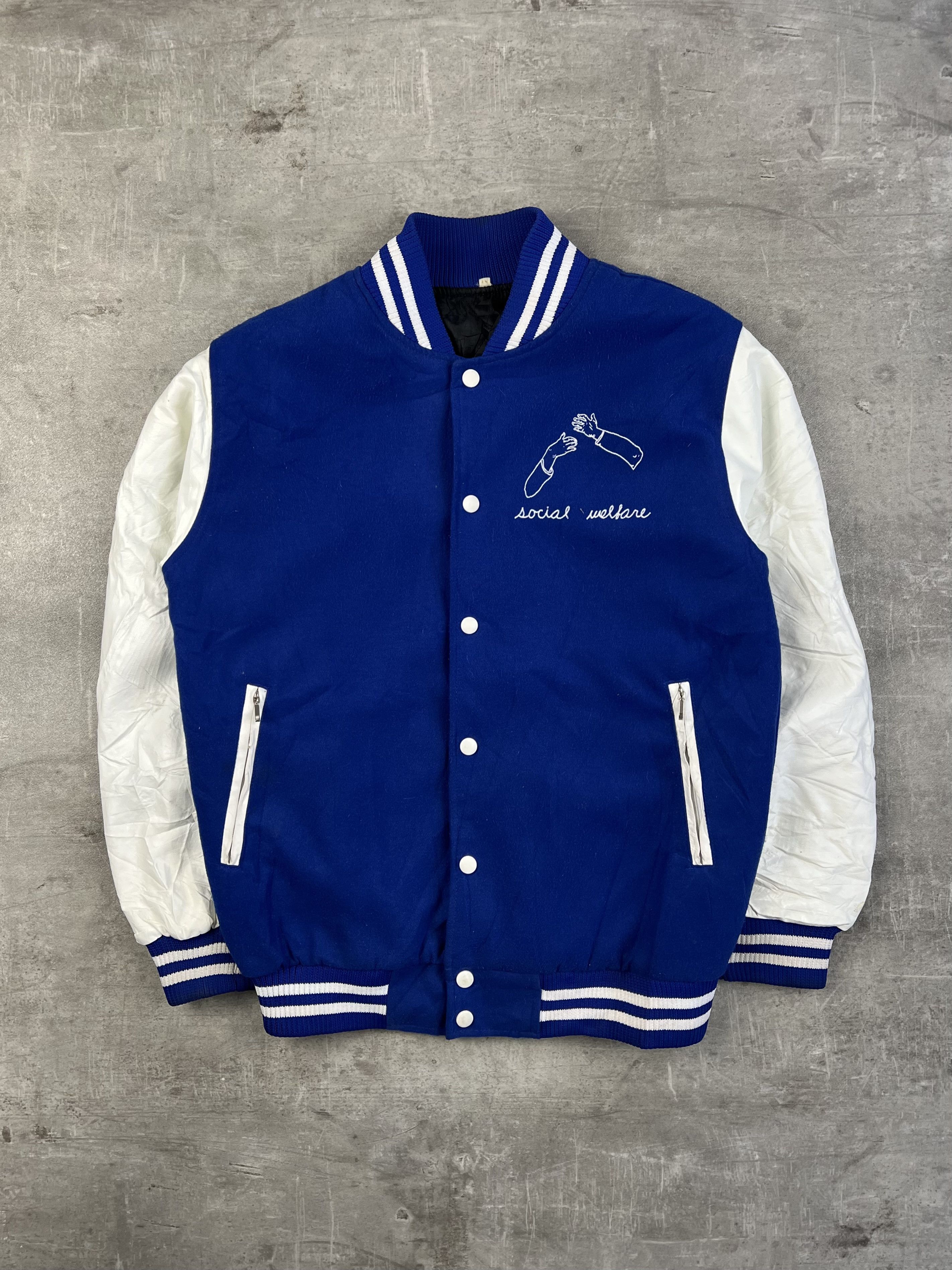 Vintage VARSITY JACKET SOCIAL WELFARE BLUE WHITE Size US M / EU 48-50 / 2 - 1 Thumbnail