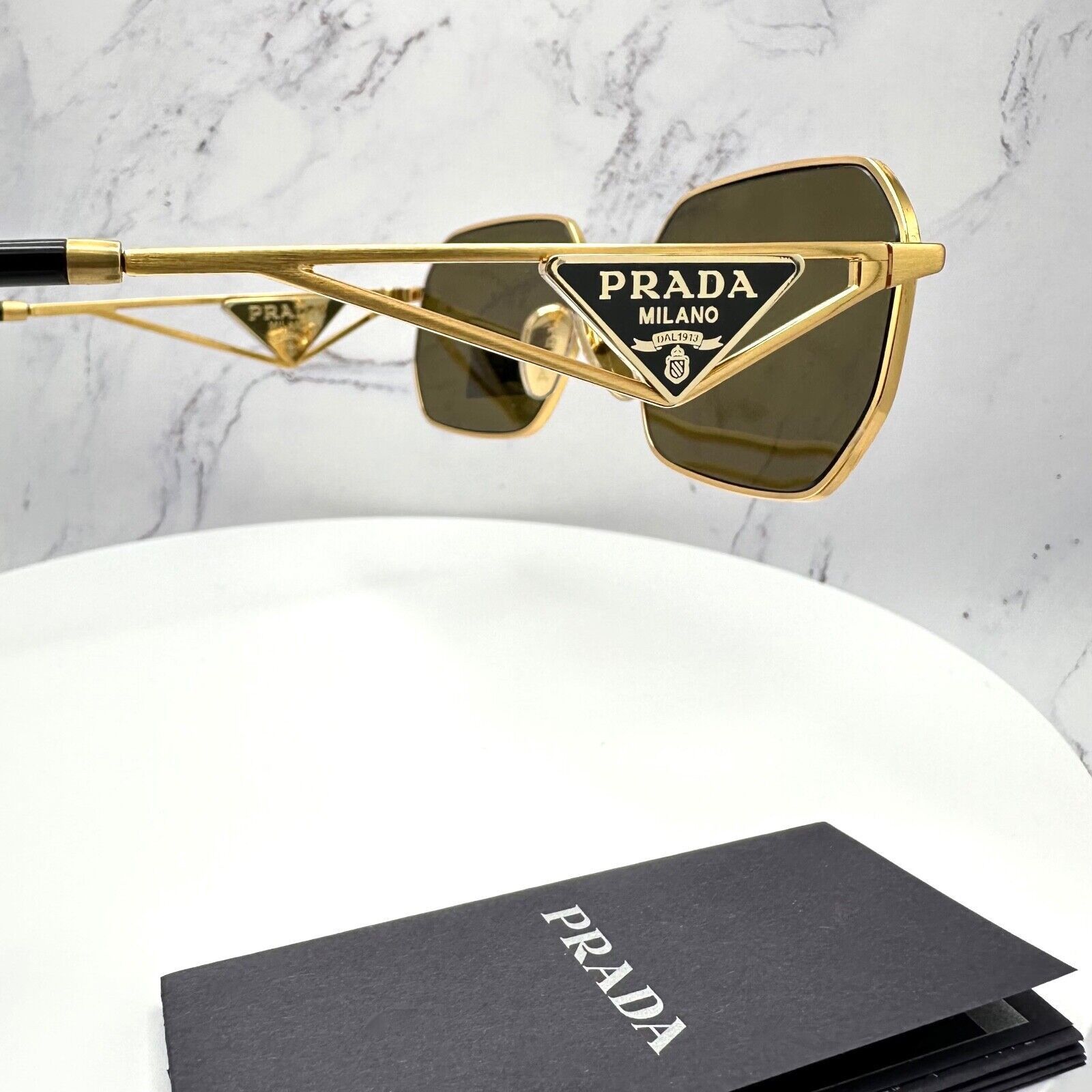 New Prada Sunglasses Gold Metal Black Plaque Triangle Logo