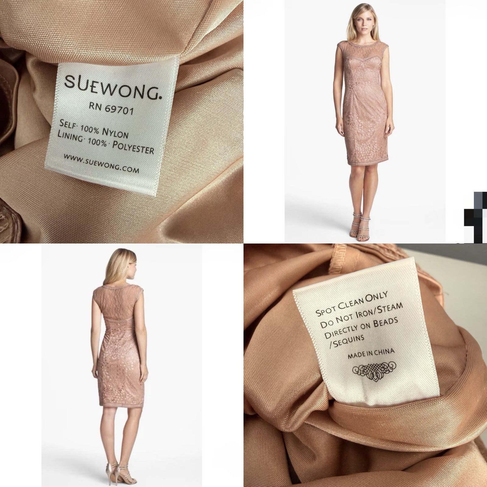 Vintage Sue Wong Sheath Dress Sandalwood Cocktail Party Sz 2 Pink Nylon Lace Knee Length Sandalwood Women Size XS / US 0-2 / IT 36-38 - 8 Thumbnail