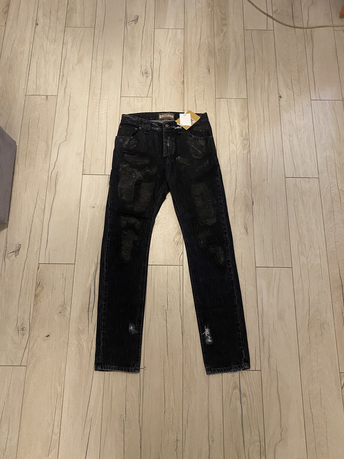 image of Avant Garde x Galliano Dswt! Galliano Black Waxed Distressed Denim Pants, Men's (Size 34)