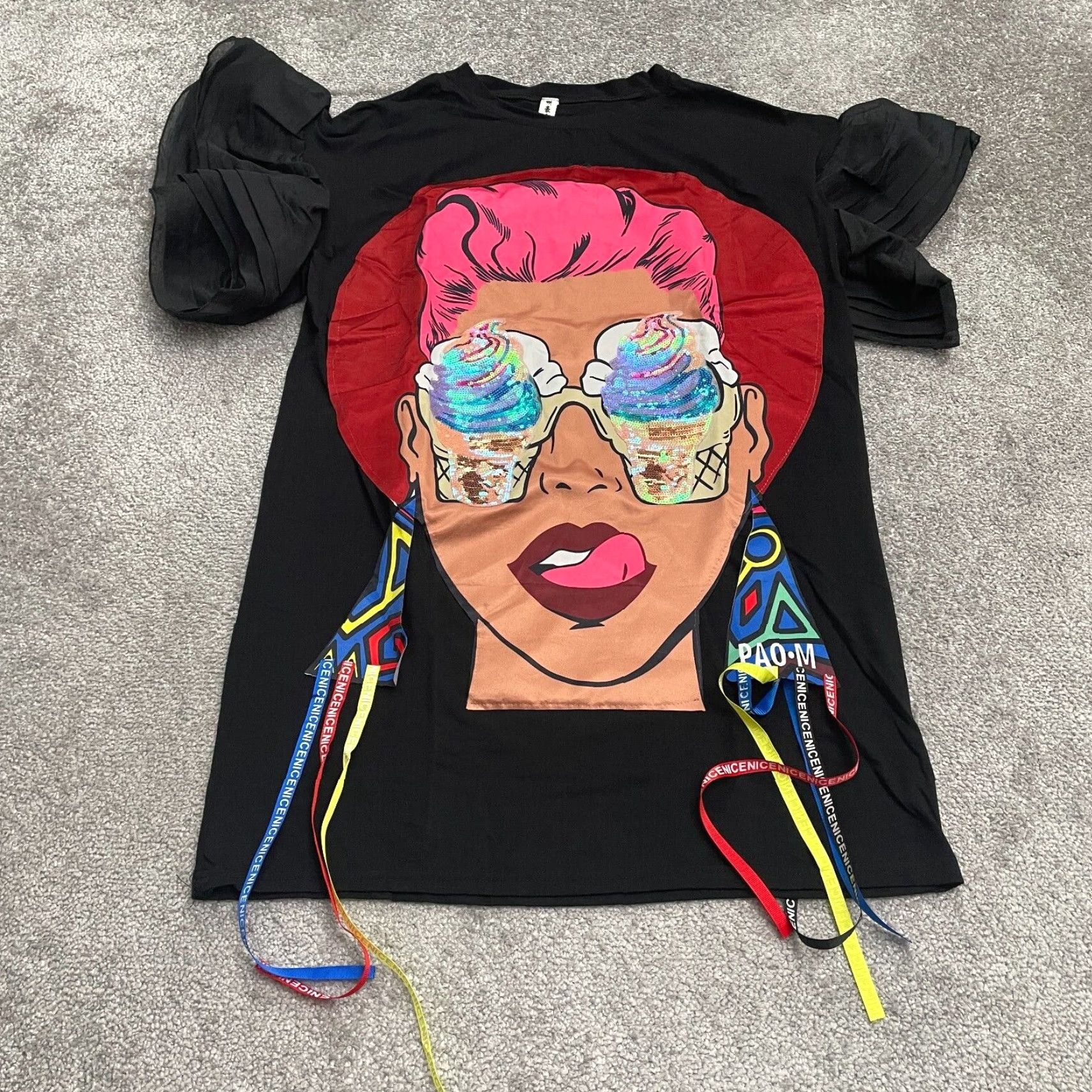 Vintage Minghao Zhuliu Shirt Womens M Black Beaded Ice Cream Face Casual Balloon Sleeve Size M / US 6-8 / IT 42-44 - 2 Thumbnail