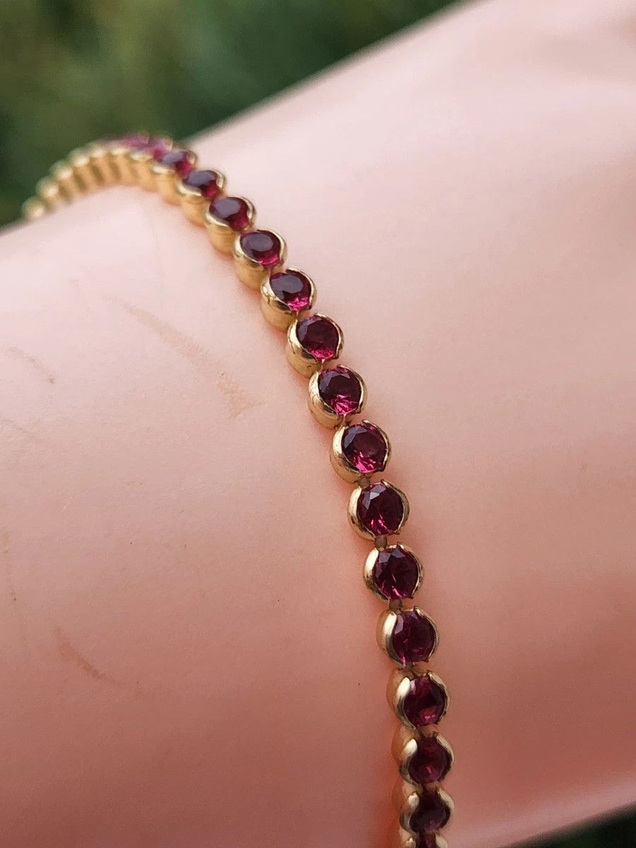Sterling Silver Sterling Silver Tennis Bracelet Garnet Gold 8" Size ONE SIZE - 3 Thumbnail