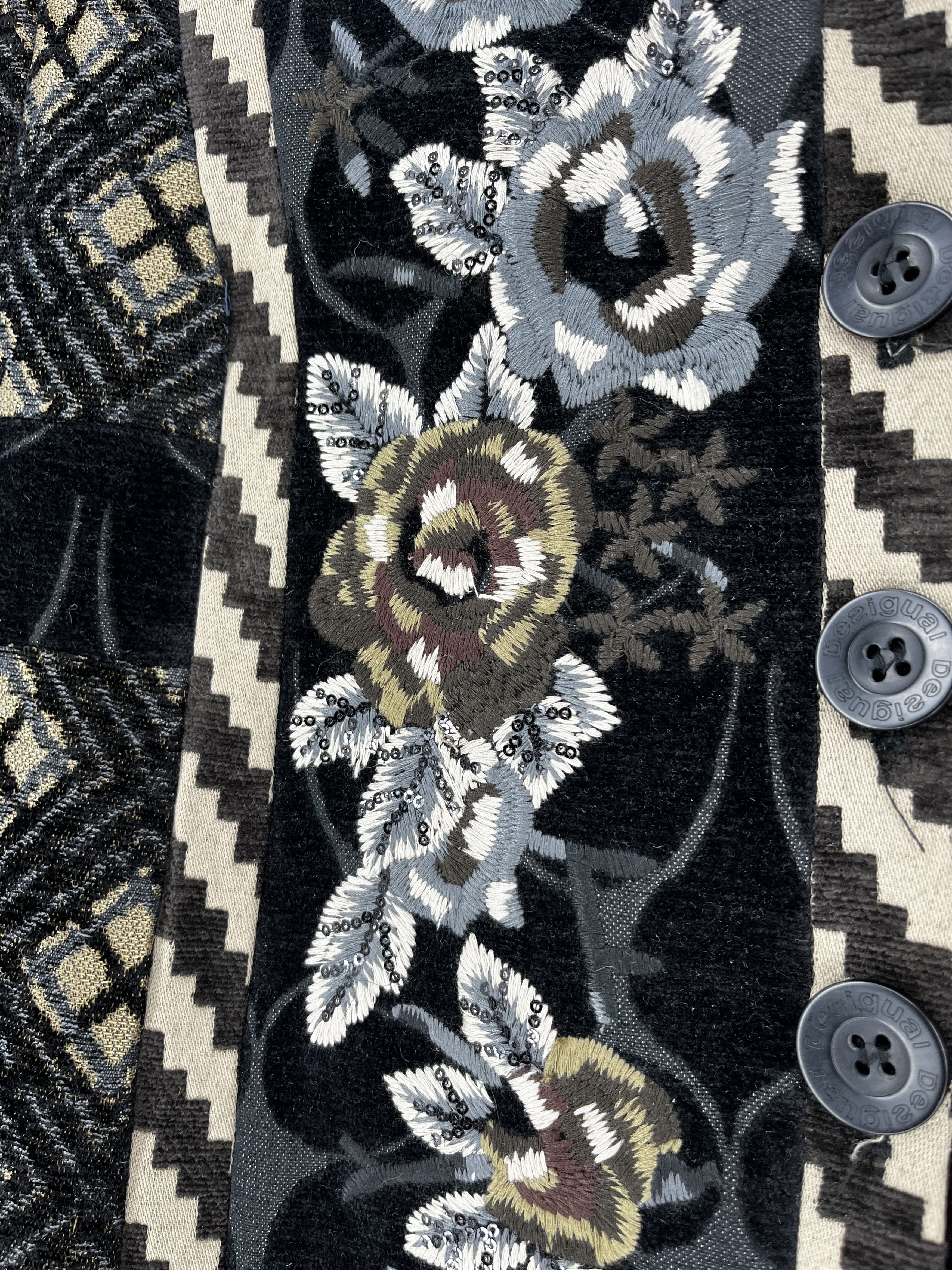 Desigual Desigual Womens Black Beige Embroidered Coat Jacket Pockets Size M / US 6-8 / IT 42-44 - 7 Thumbnail