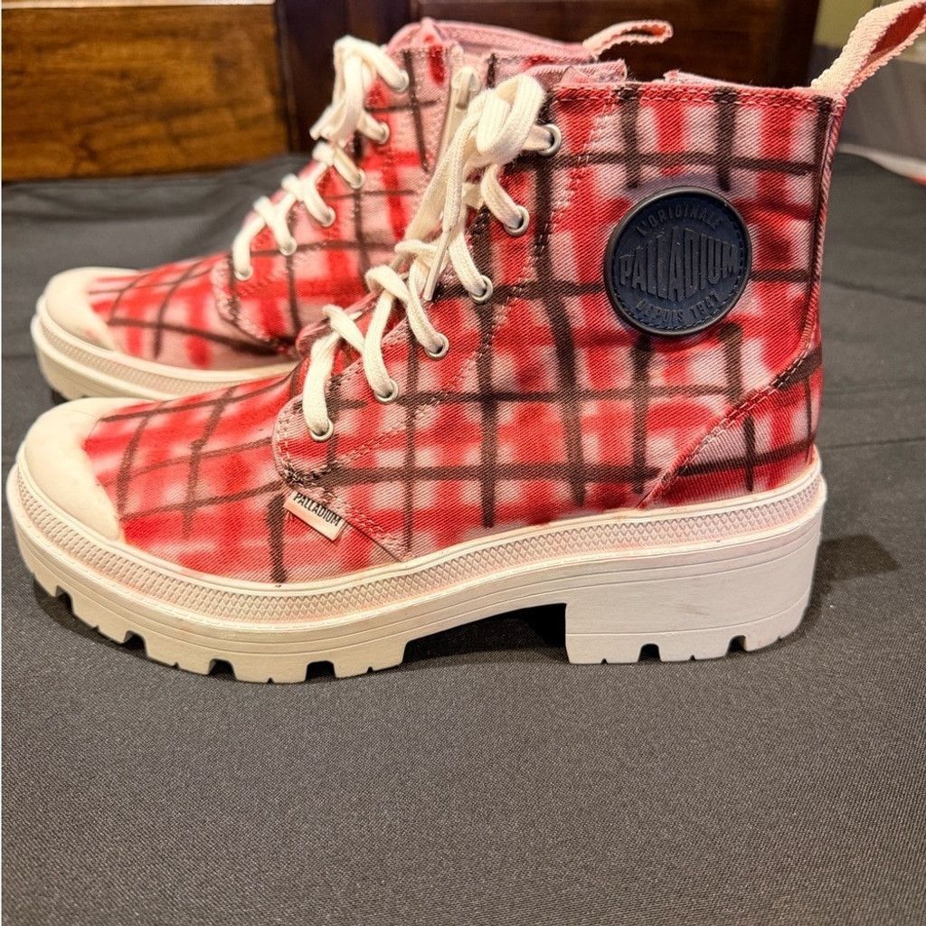 Palladium Palladium Plaid Combat Boots Red Pink Black HighTop Side Zip Size US 8 / IT 38 - 4 Thumbnail