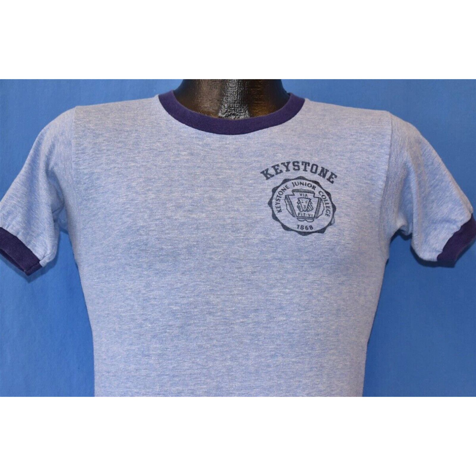 image of Vintage 70's Keystone Junior College Pa Ringer 1868 Blue Heathered T-Shirt Xs in White, Men's