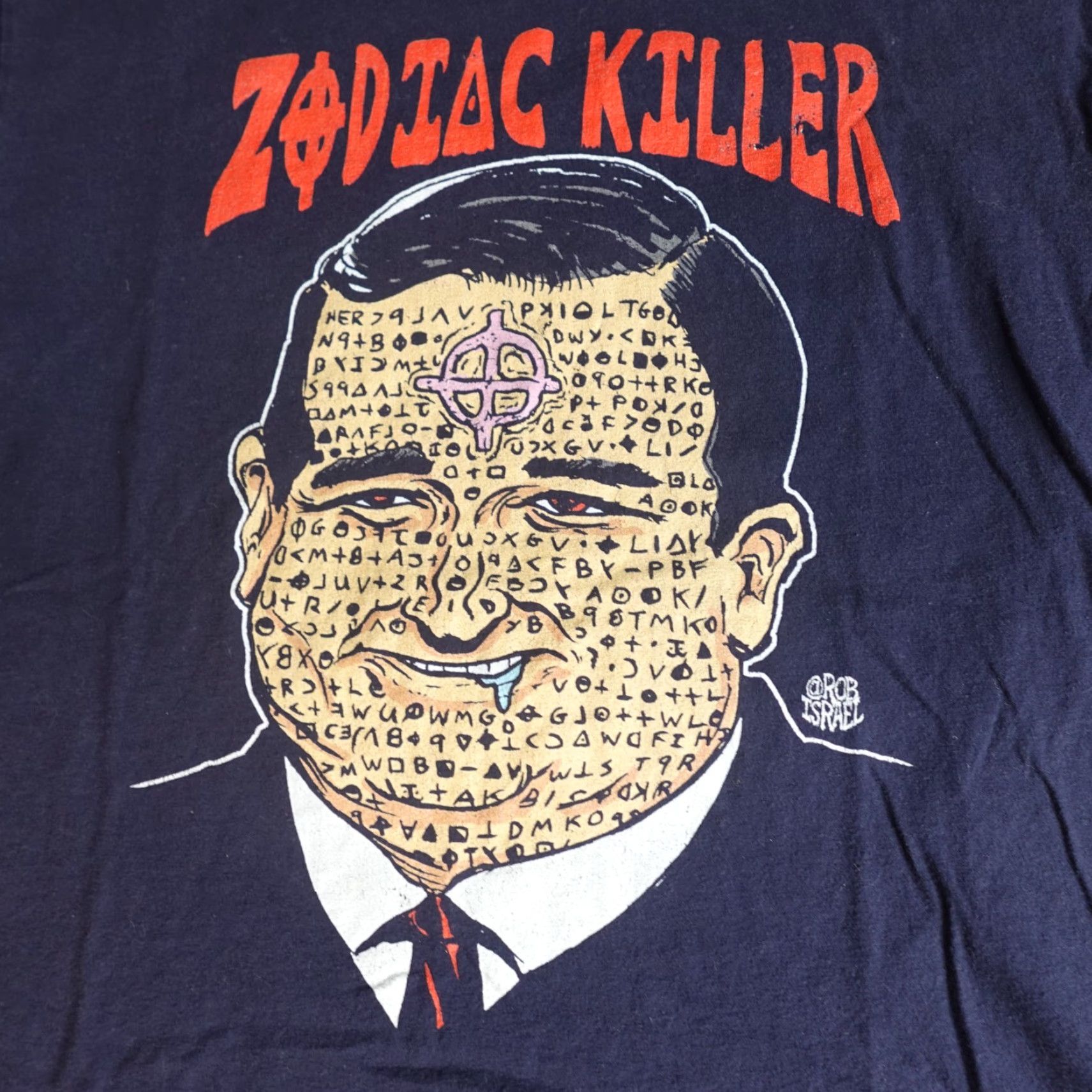 American Apparel Zodiac Killer Shirt Medium Blue Ringer Retro American Apparel Unisex Adults T-Shirt Crew Neck Short Sleeve Cotton Knit Graphic Print - Mens/Womens? Size US M / EU 48-50 / 2 - 2 Thumbnail