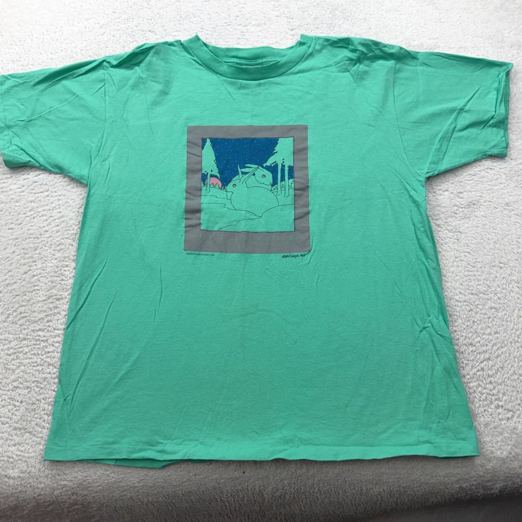 Anvil VINTAGE Anvil T-Shirt Graphic Tee 1985 Let It Snow Rabbits XL Teal Green Made in USA Mens Short Sleeve 100% Cotton Vintage 80s Retro Art Deco Size US XL / EU 56 / 4 - 2 Thumbnail