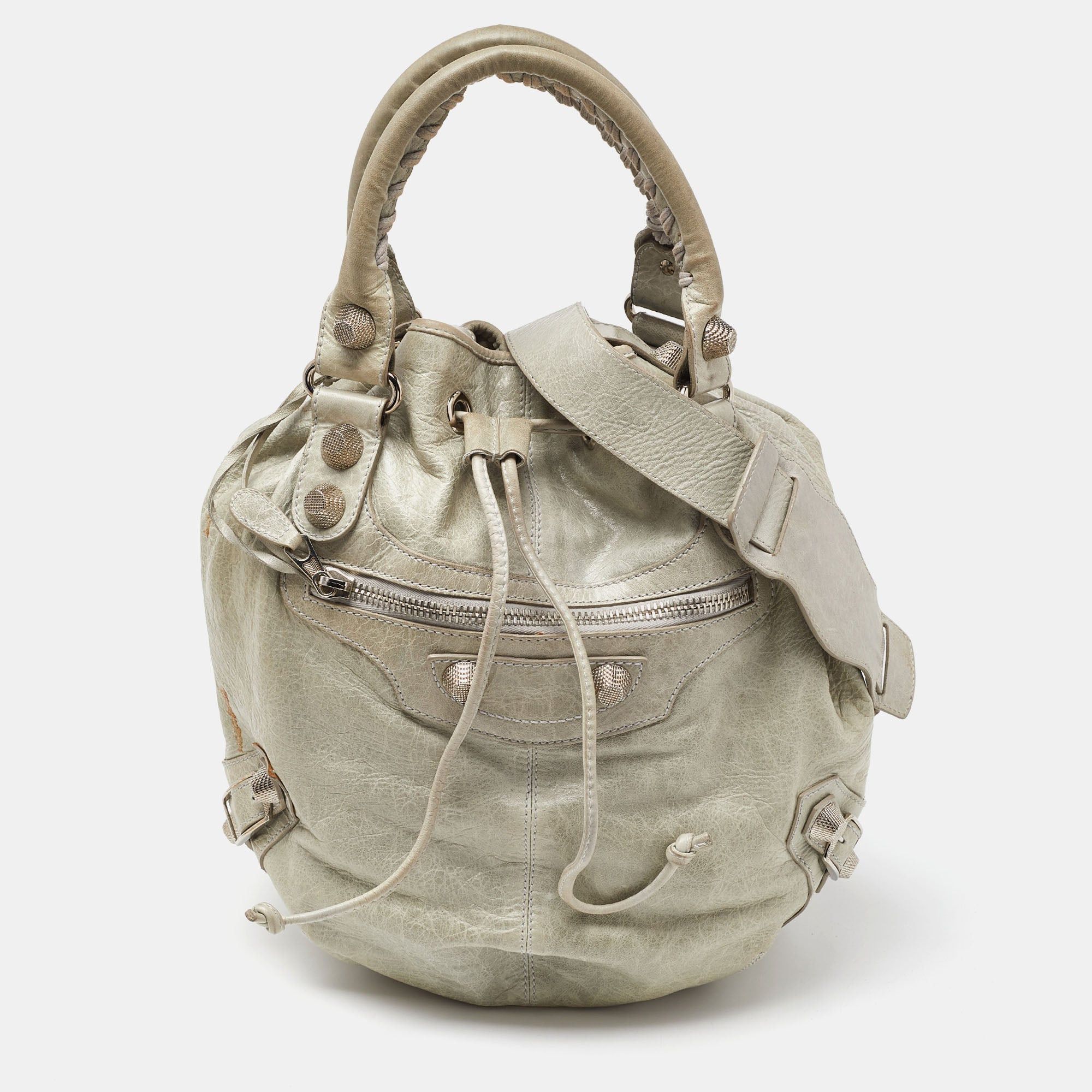 image of Balenciaga Argent Leather Gsh Pompon Hobo in Grey, Women's