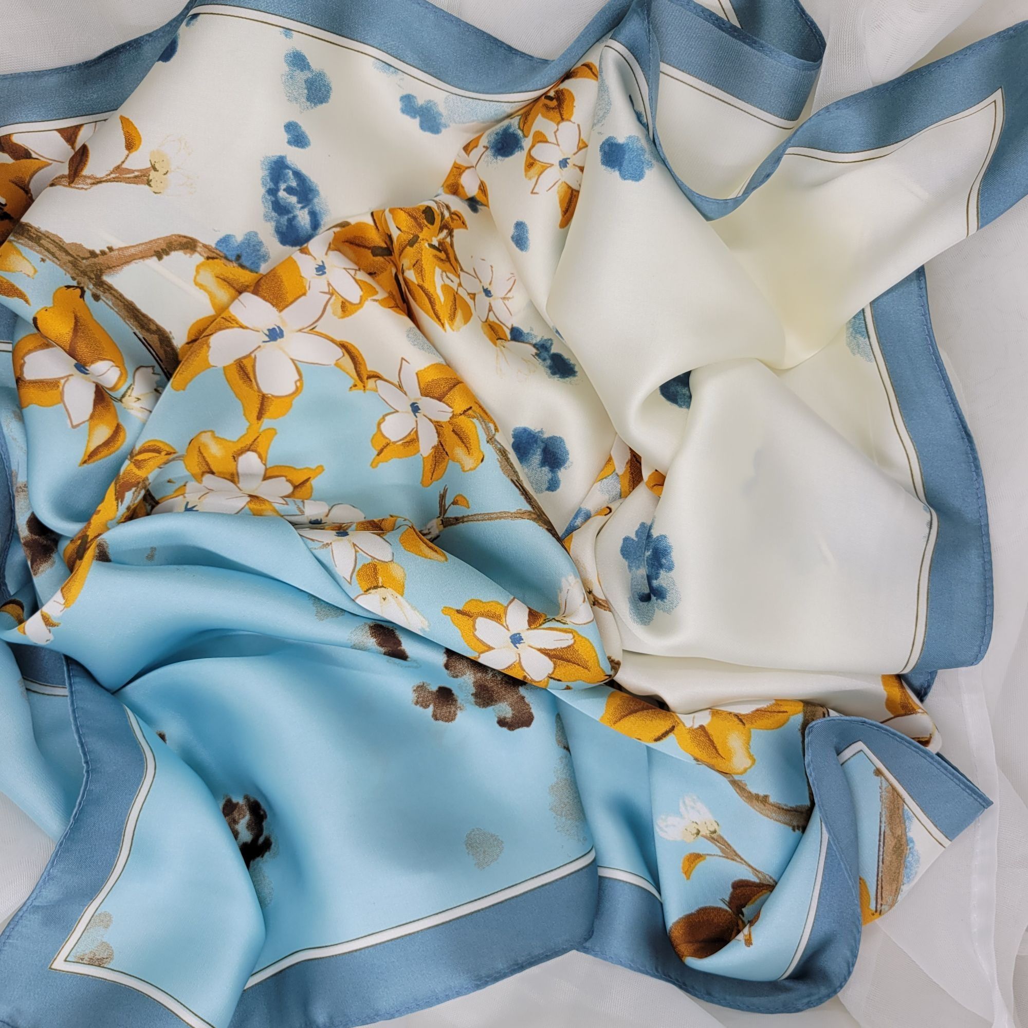 Other Scarf New Elegant Bandana FLORAL Sky Blue Retro Style Silk A Size ONE SIZE - 5 Thumbnail