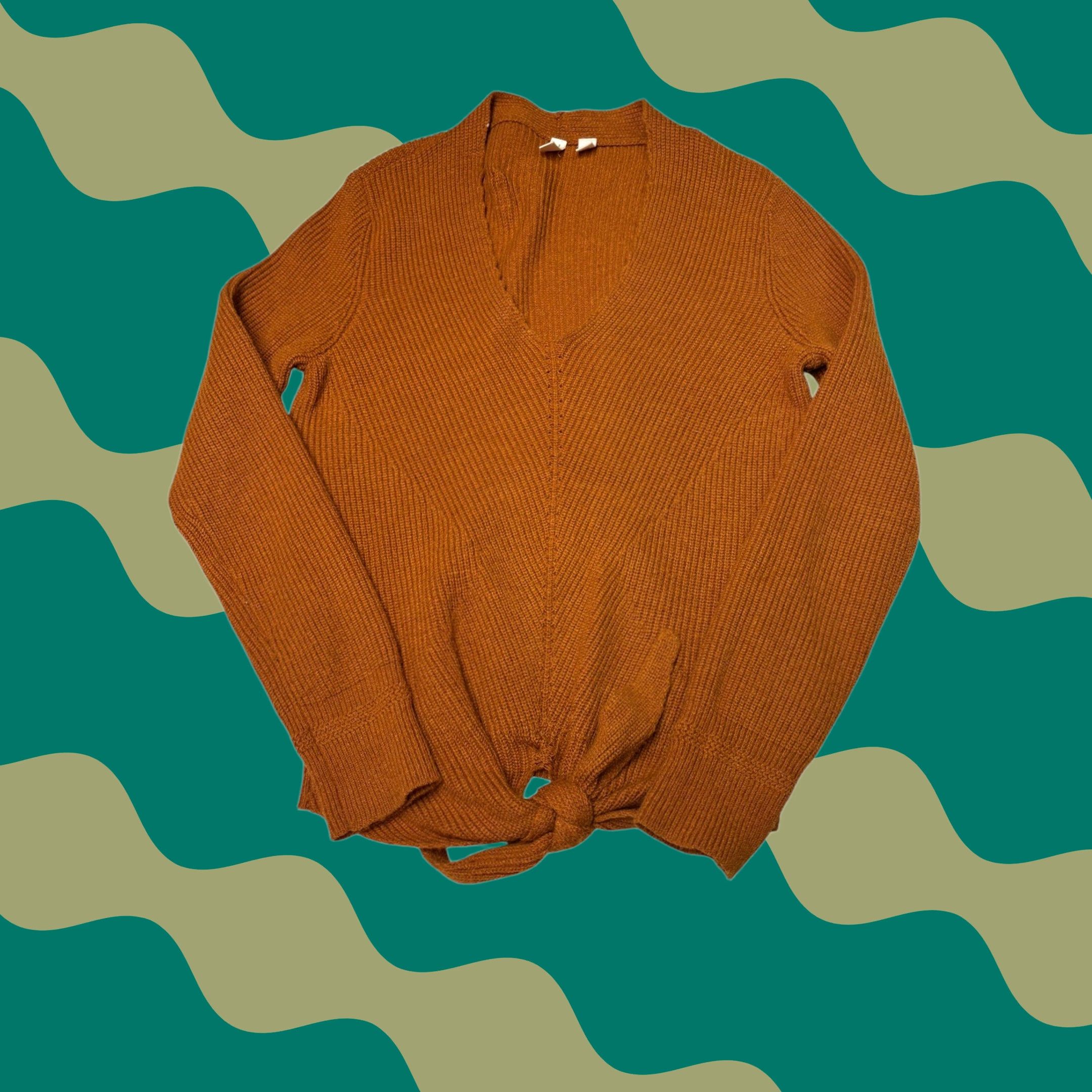 Anthropologie MOTH Anthropologie Burnt Orange Ribbed Tie Front V-Neck Sweater XS Ladies Knits Pullover Long Sleeve Knit Fall Winter Spring Casual Womens Size XS / US 0-2 / IT 36-38 - 1 Thumbnail