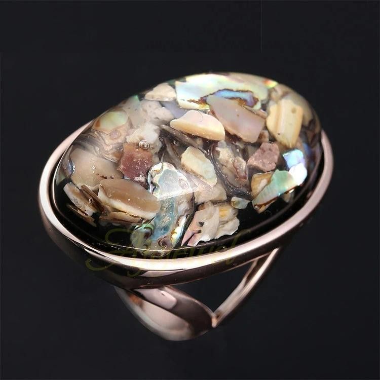 Designer Big 28mm Colorful Shells Mosaic Artificial Coral Gold Ring Size ONE SIZE - 1 Thumbnail