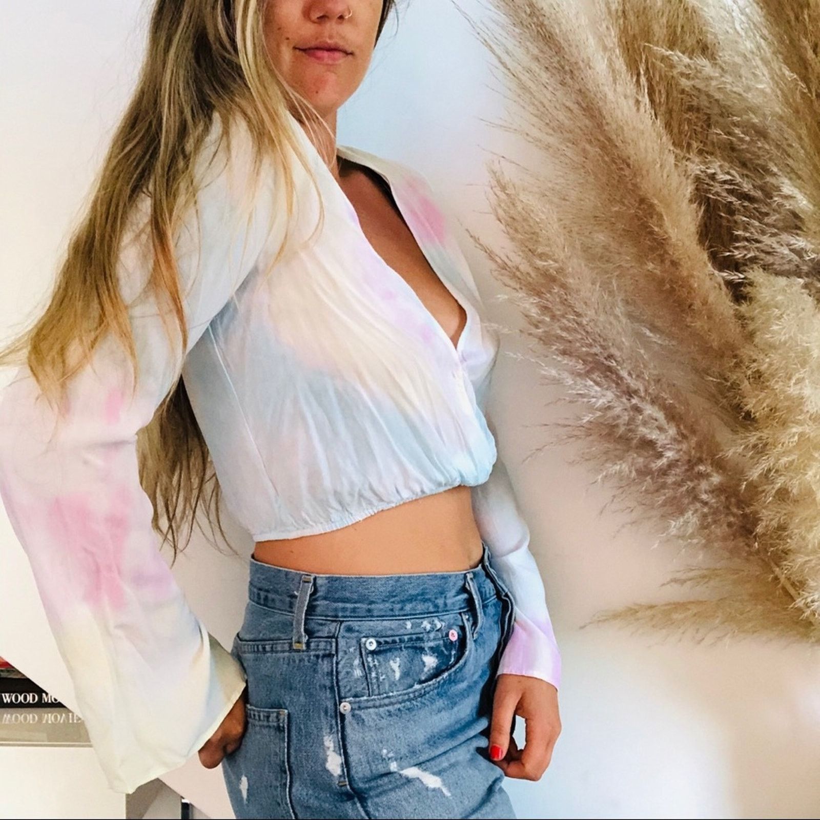 Forever 21 NEW Forever 21 White Pink Yellow Bell Sleeve Crop Top Shirt Size S / US 4 / IT 40 - 3 Thumbnail