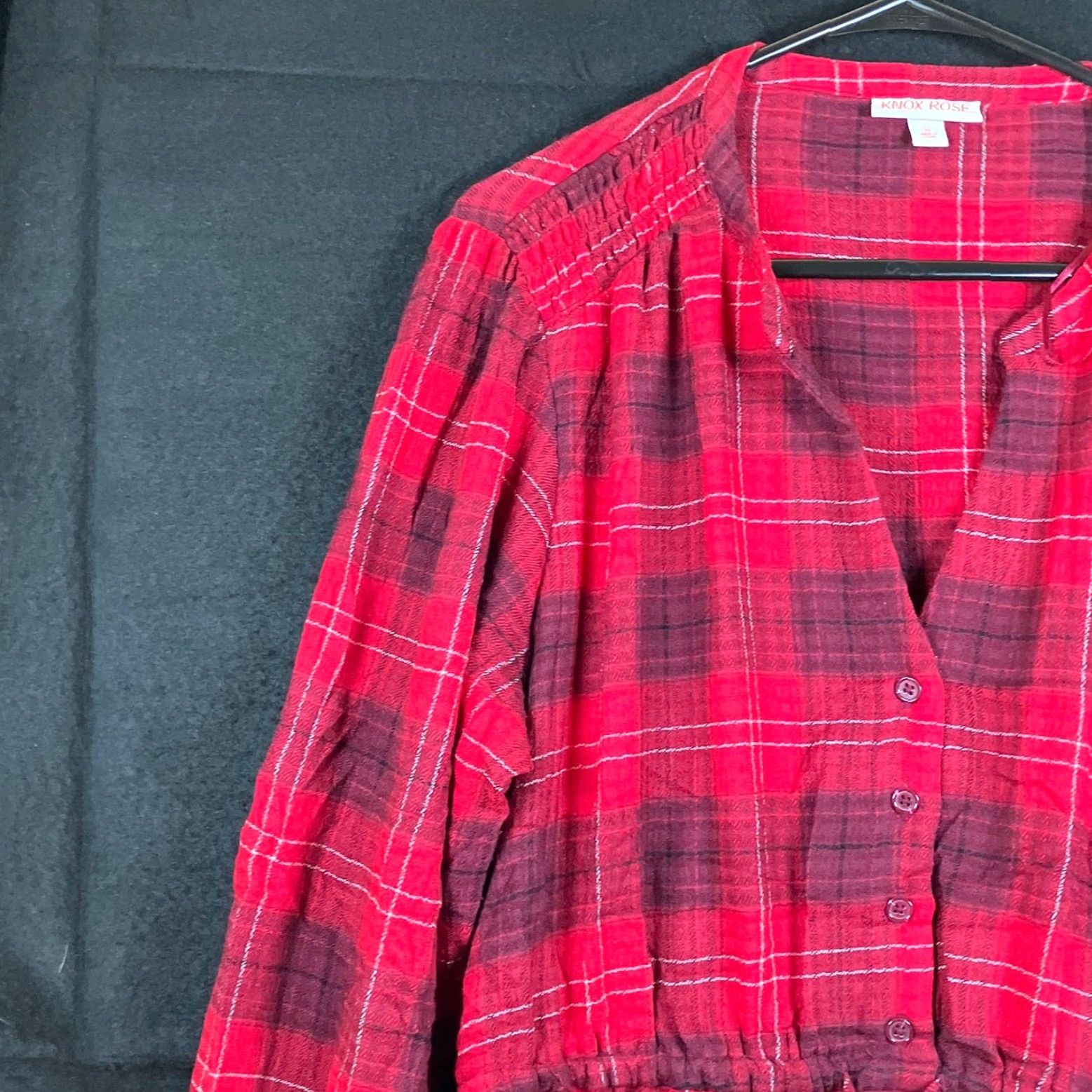 Vintage Knox Rose Womens Dress Red Plaid Pull Over V Neck Half Button Down Stretch XL Shirt Dress Long Sleeve Casual Travel Workwear Size XL / US 12-14 / IT 48-50 - 4 Thumbnail