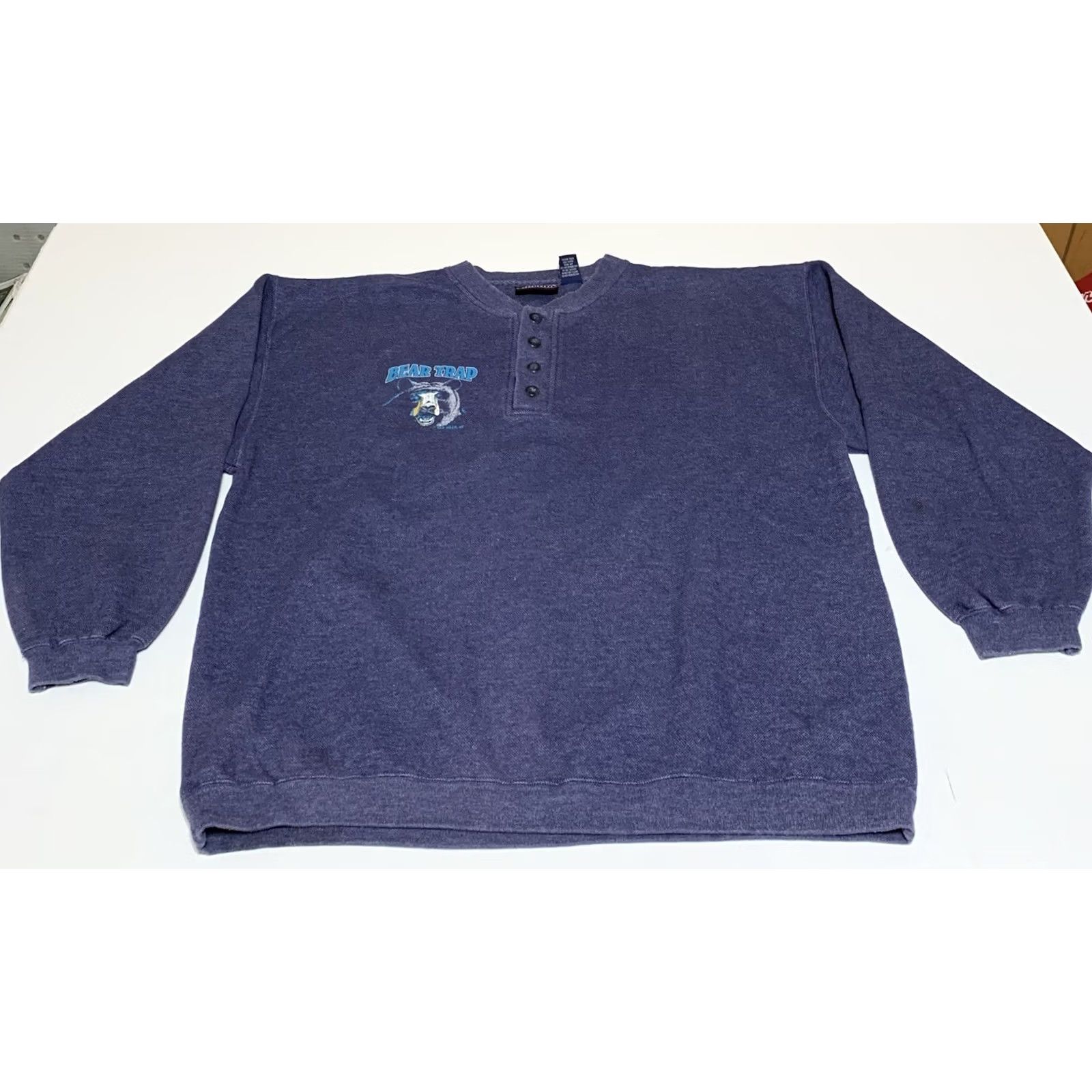 Vintage VINTAGE BEAR TRAP Van Meer Michigan Henley Sweatshirt Long Sleeve Mens Large Blue Cotton Blend 1990s Hanley? Size US L / EU 52-54 / 3 - 3 Thumbnail