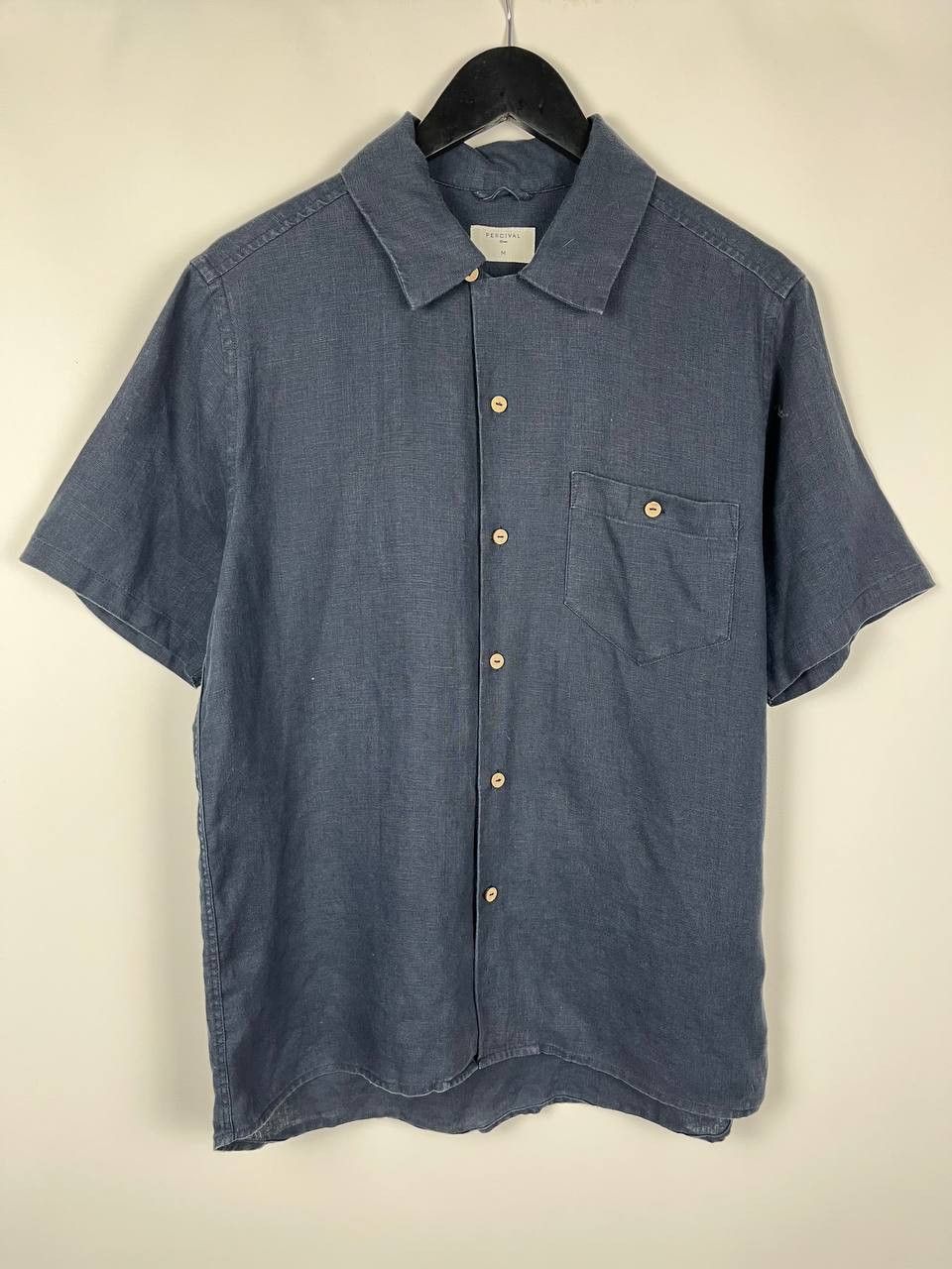 Percival Percival Men's 100% Linen Short Sleeve Shirt Navy Blue Size US M / EU 48-50 / 2 - 1 Thumbnail