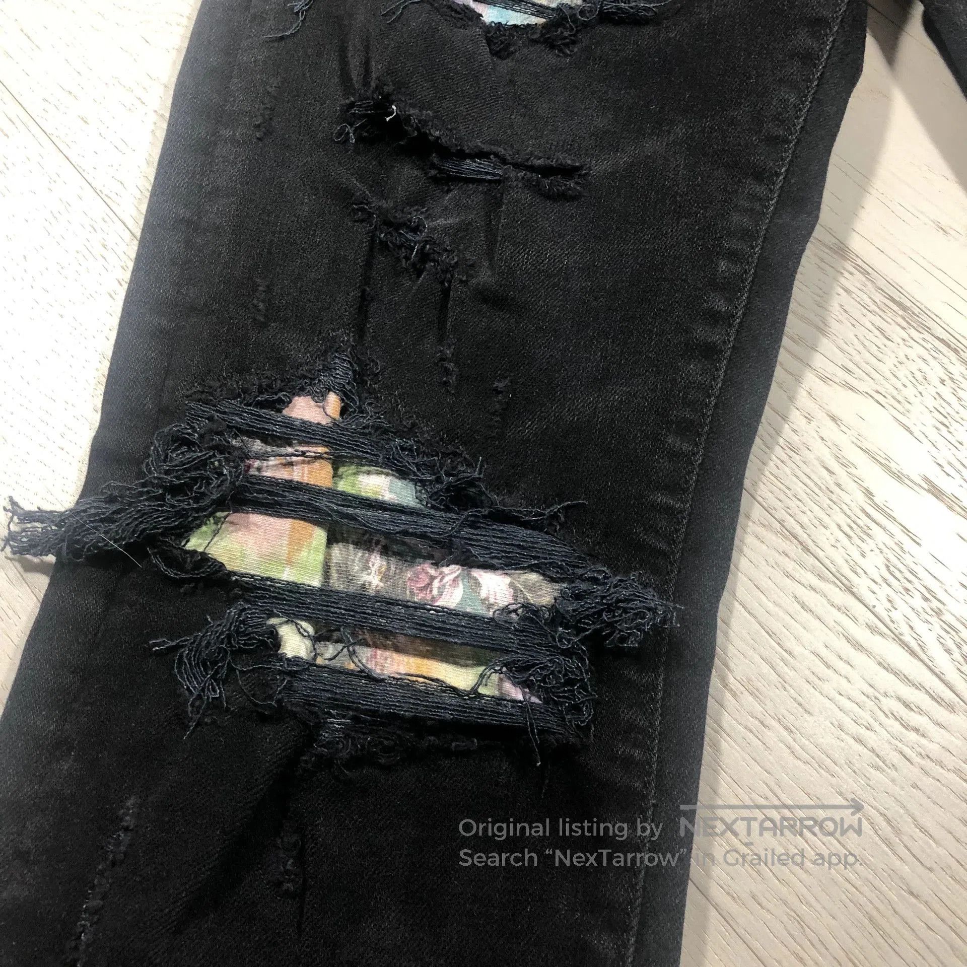 Visvim AMIRI Black Distressed Jeans with Floral Lining. Size US 34 / EU 50 - 4 Thumbnail