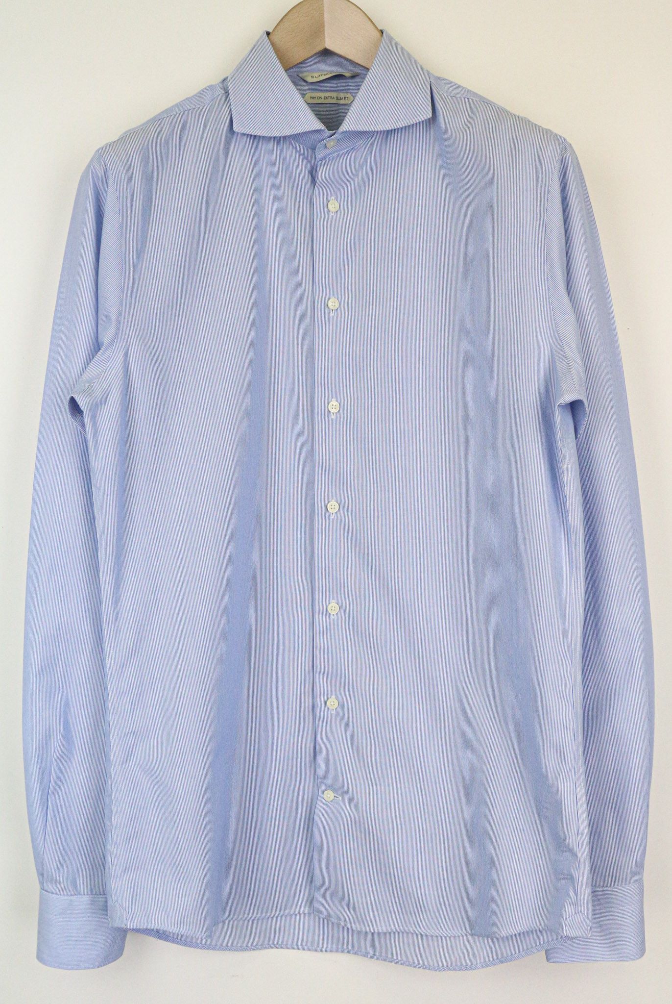 Suitsupply 40-7/15 3/4L Extra Slim Blue Cotton Striped Shirt 78459 Size 40R - 1 Thumbnail
