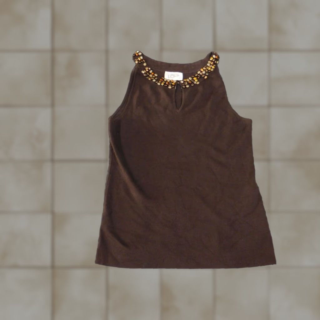 Loft VINTAGE Ann Taylor LOFT Tank Top Womens Small Brown Beaded Silk Blend Keyhole Neck Knit Size S / US 4 / IT 40 - 1 Thumbnail