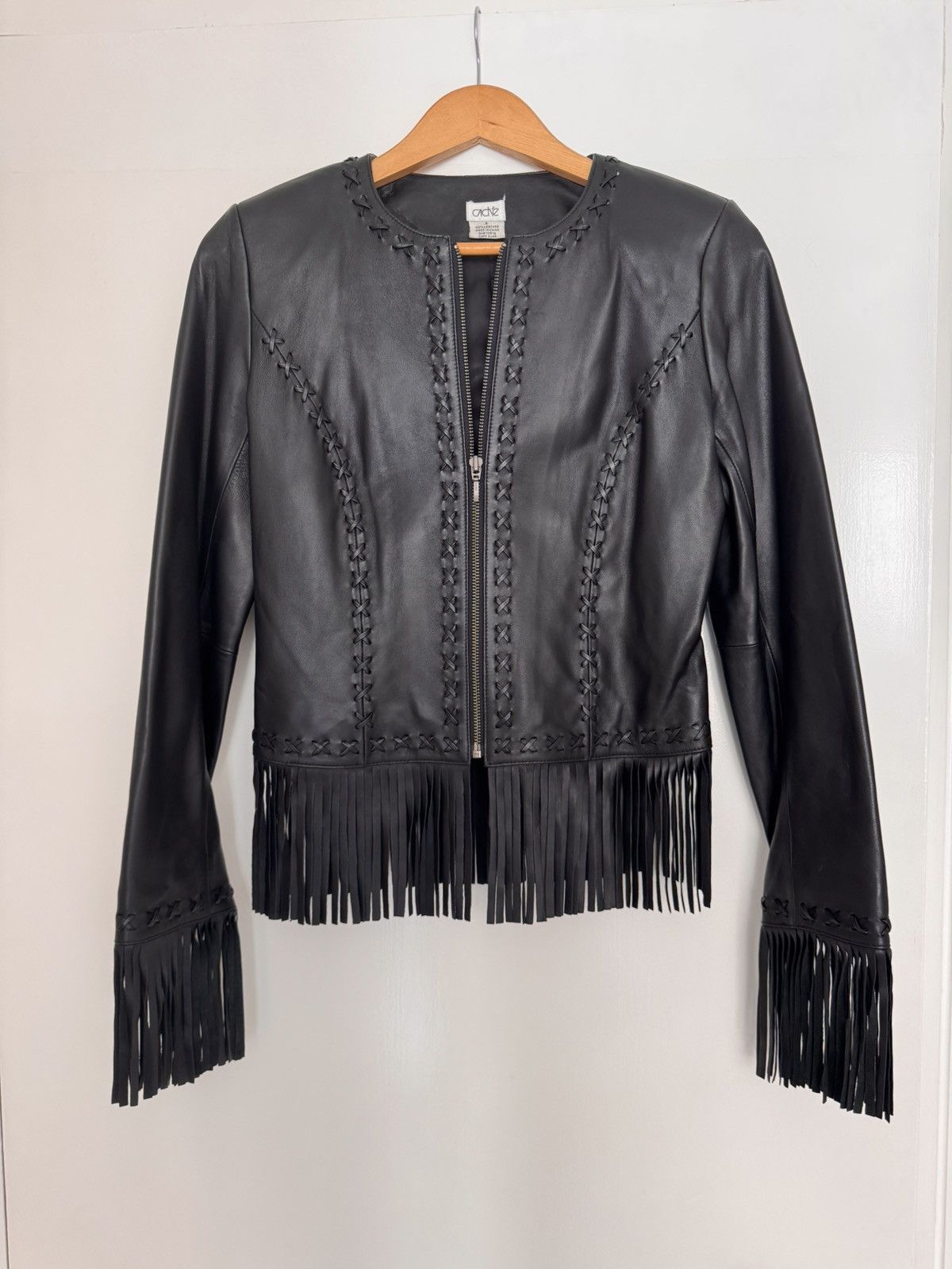 Other Caché Black Leather Fringe Jacket US 4 Western Boho Zip Size S / US 4 / IT 40 - 1 Thumbnail