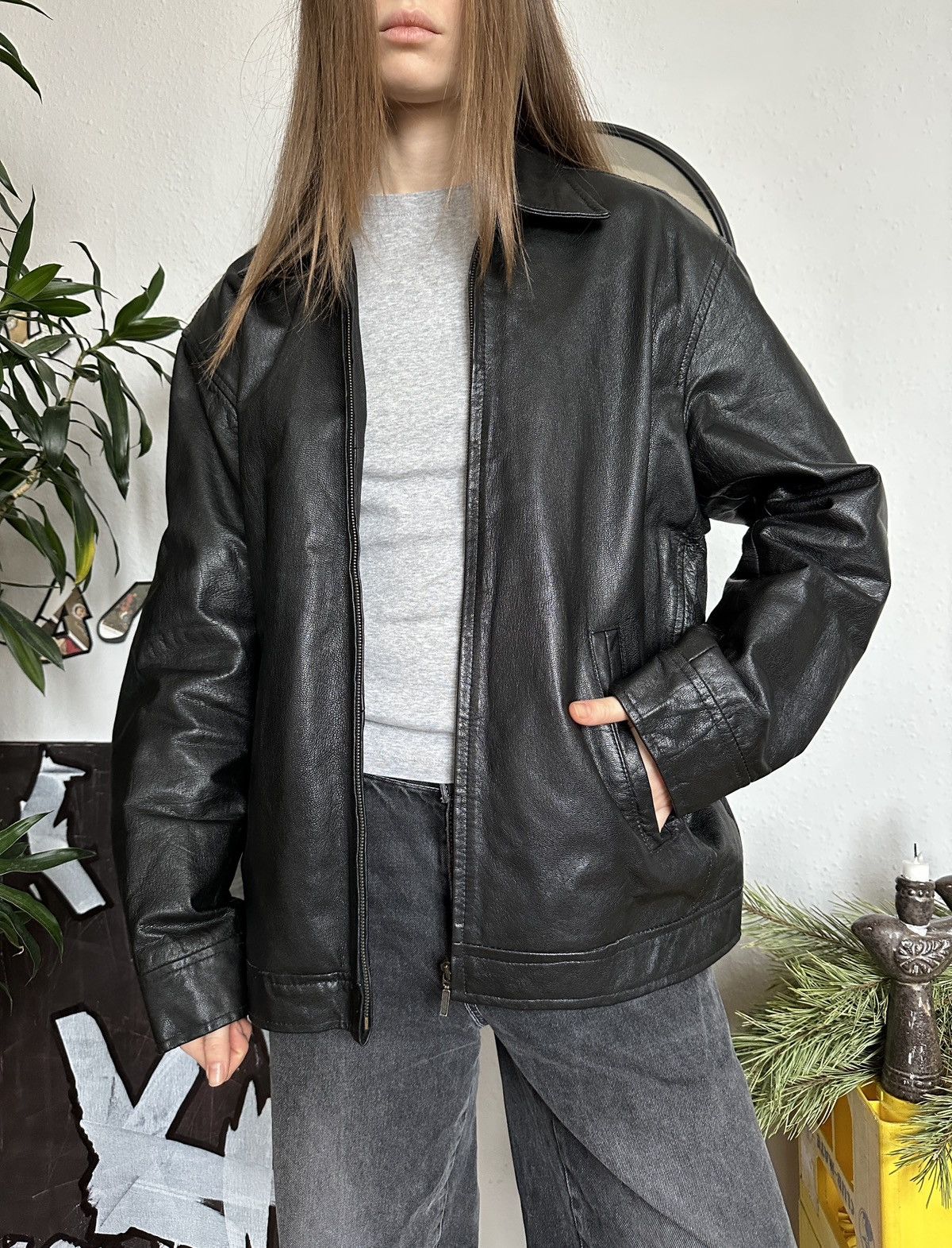 Y2K Real Leather Grunge Oversized Jacket 90s