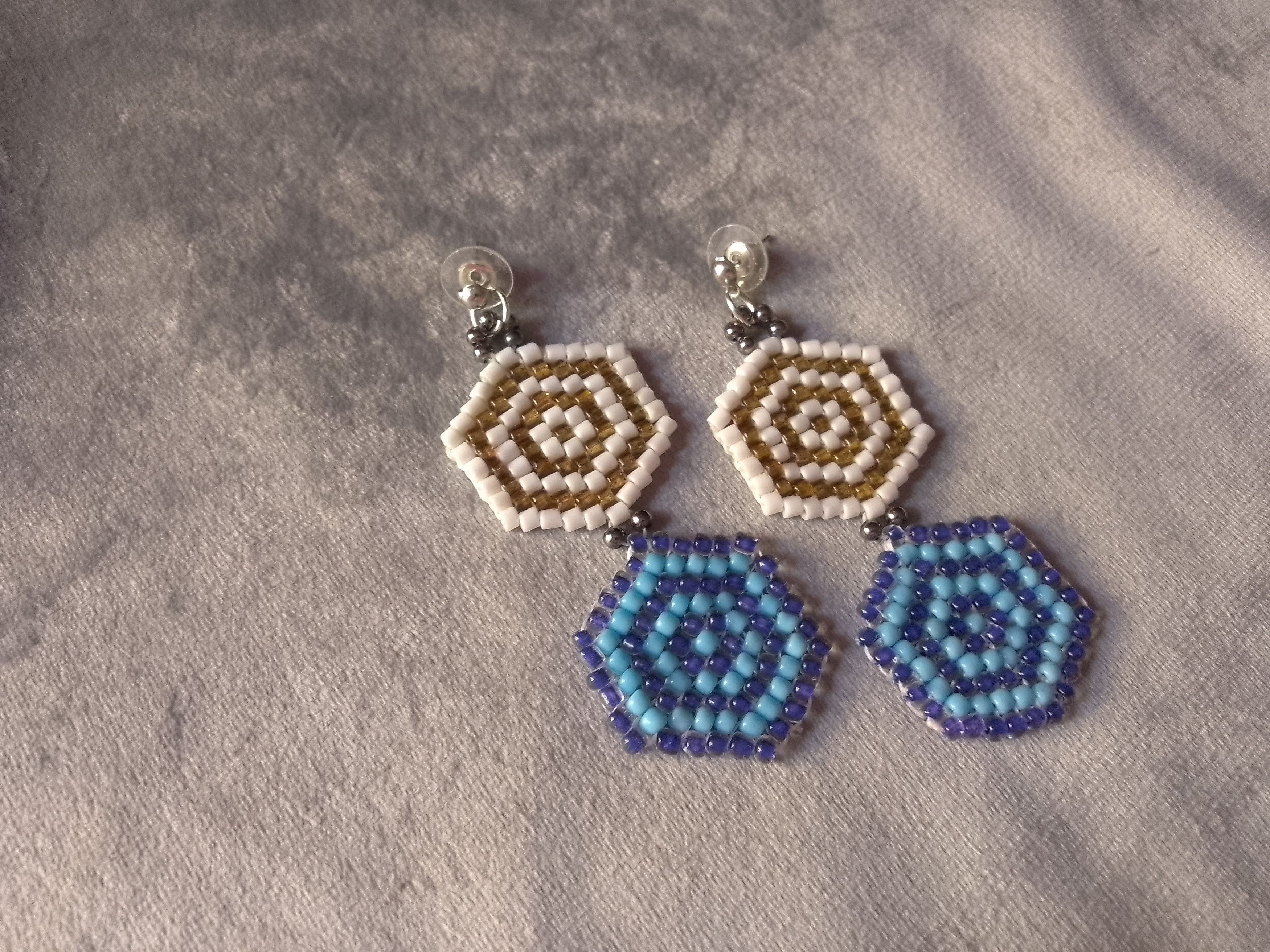Handmade Earrings Embroidered Long Geometrical Blue Gold Ivory Size ONE SIZE - 2 Thumbnail