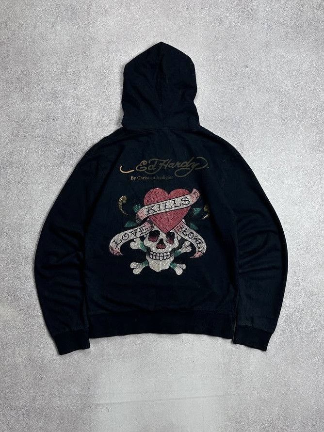 Vintage Ed Hardy Y2K Skull Boxy Zip Hoodie XL