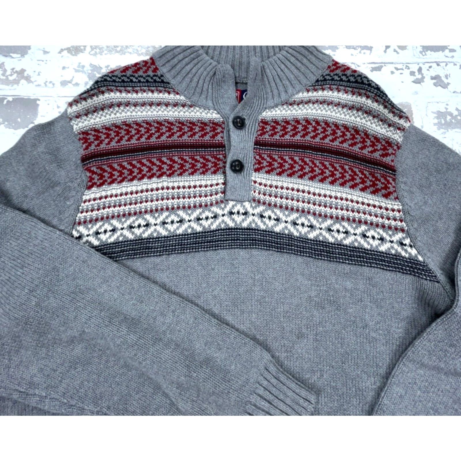 Chaps VINTAGE Chaps Sweater Men Medium Gray Red Henley Heavy Knit Holiday Fair Isle Nordic Size US M / EU 48-50 / 2 - 2 Thumbnail