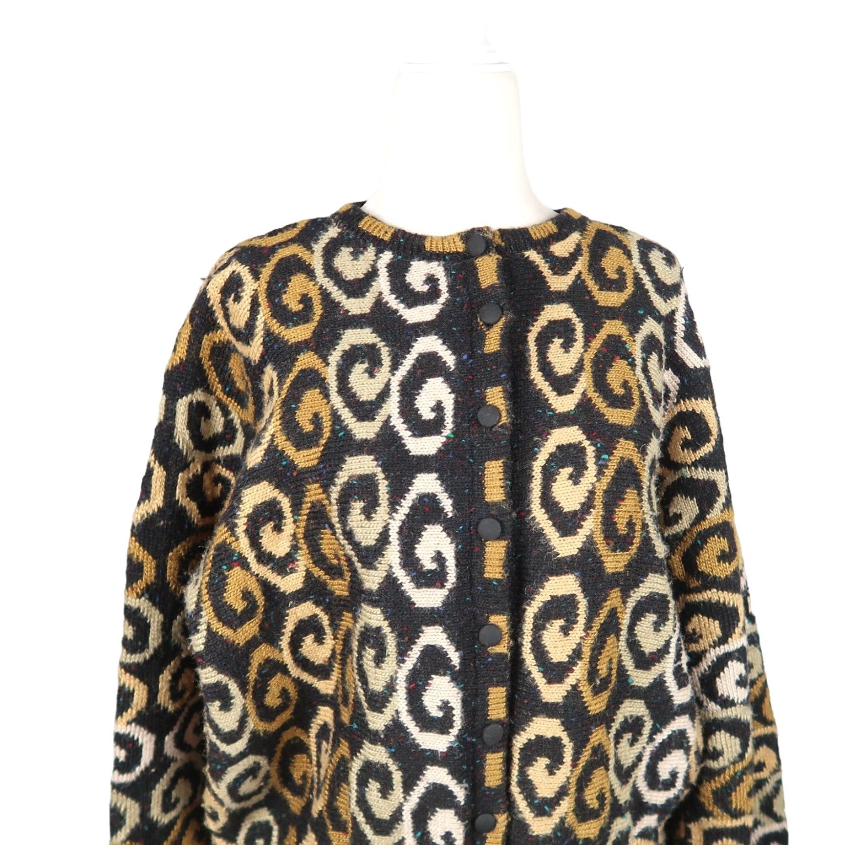 Nordstrom VINTAGE Nordstrom Gallery Cardigan Wool Silk Ballon Sleeve Black Tan Print S Women 80s Fall Winter Geometric Swirl Pattern Knit Size S / US 4 / IT 40 - 2 Thumbnail