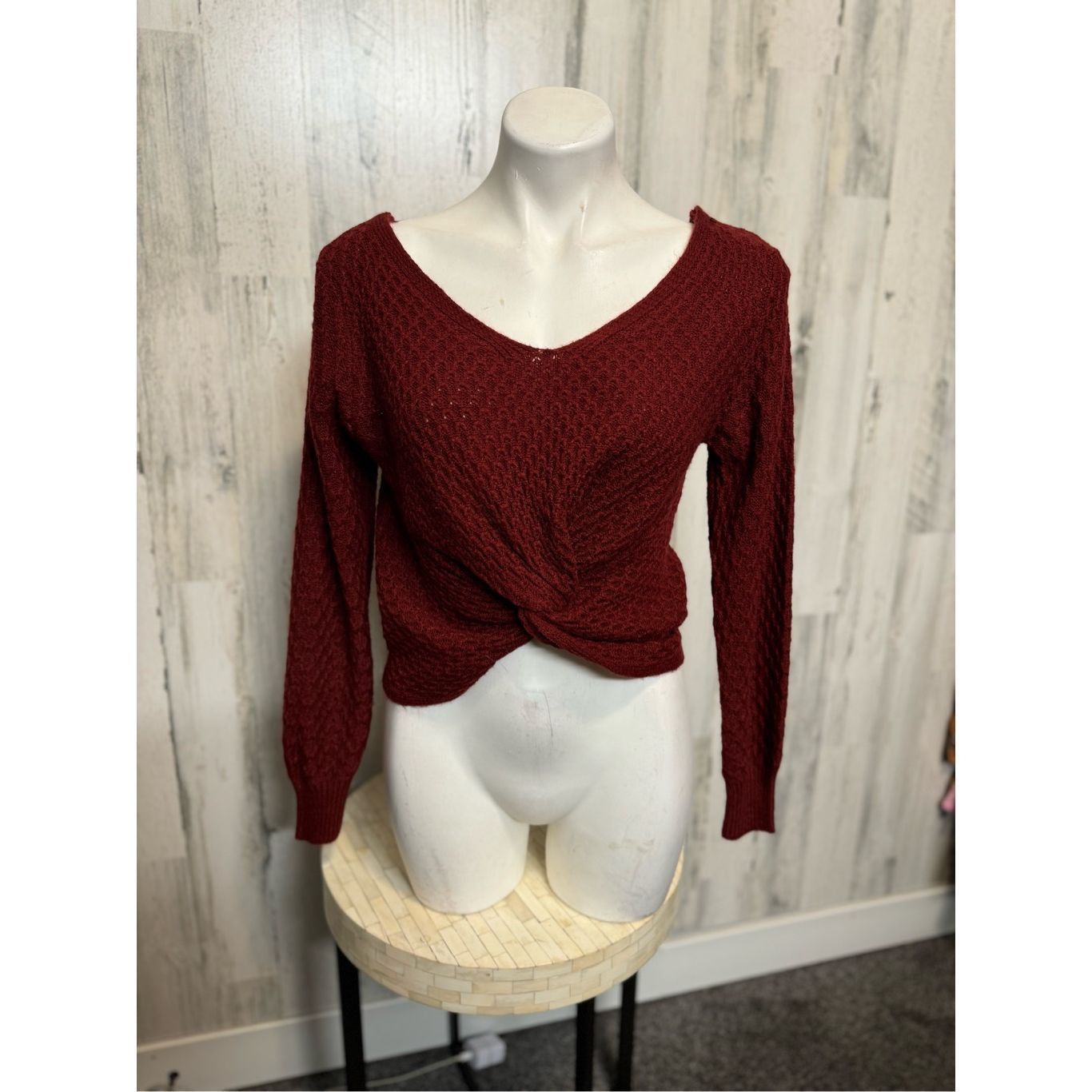 Other Burgundy Twist Front Waffle Knit Long Sleeve Sweater – Size Size S / US 4 / IT 40 - 1 Thumbnail