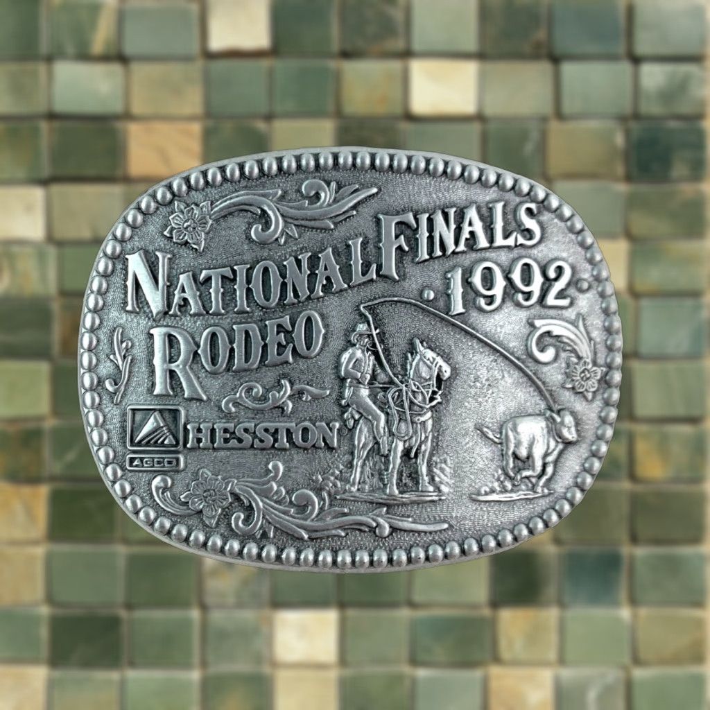 Vintage VINTAGE 1992 NFR NATIONAL FINALS RODEO Hesston Miniature Metal Belt Buckle ADM Size ONE SIZE - 1 Thumbnail