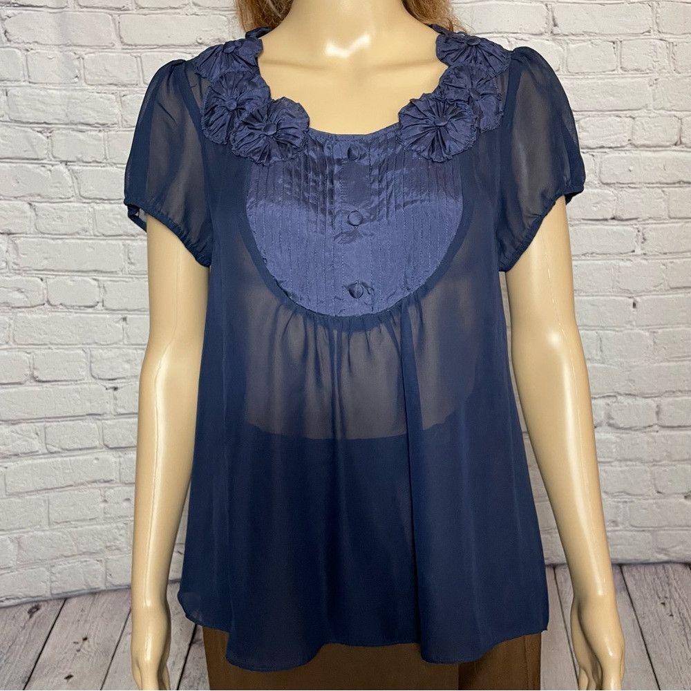 Other Aqua Navy Sheer Short Sleeve Blouse Size L Size L / US 10 / IT 46 - 2 Thumbnail