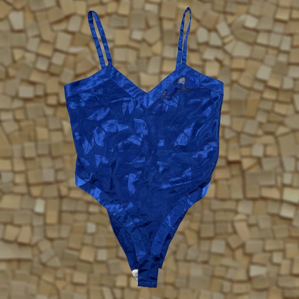 Vintage VINTAGE Royal Blue Satin Floral Lingerie Teddy Bodysuit M Intimate Snaps 1980s Blue Polyester Womens Size M / US 6-8 / IT 42-44 - 1 Thumbnail