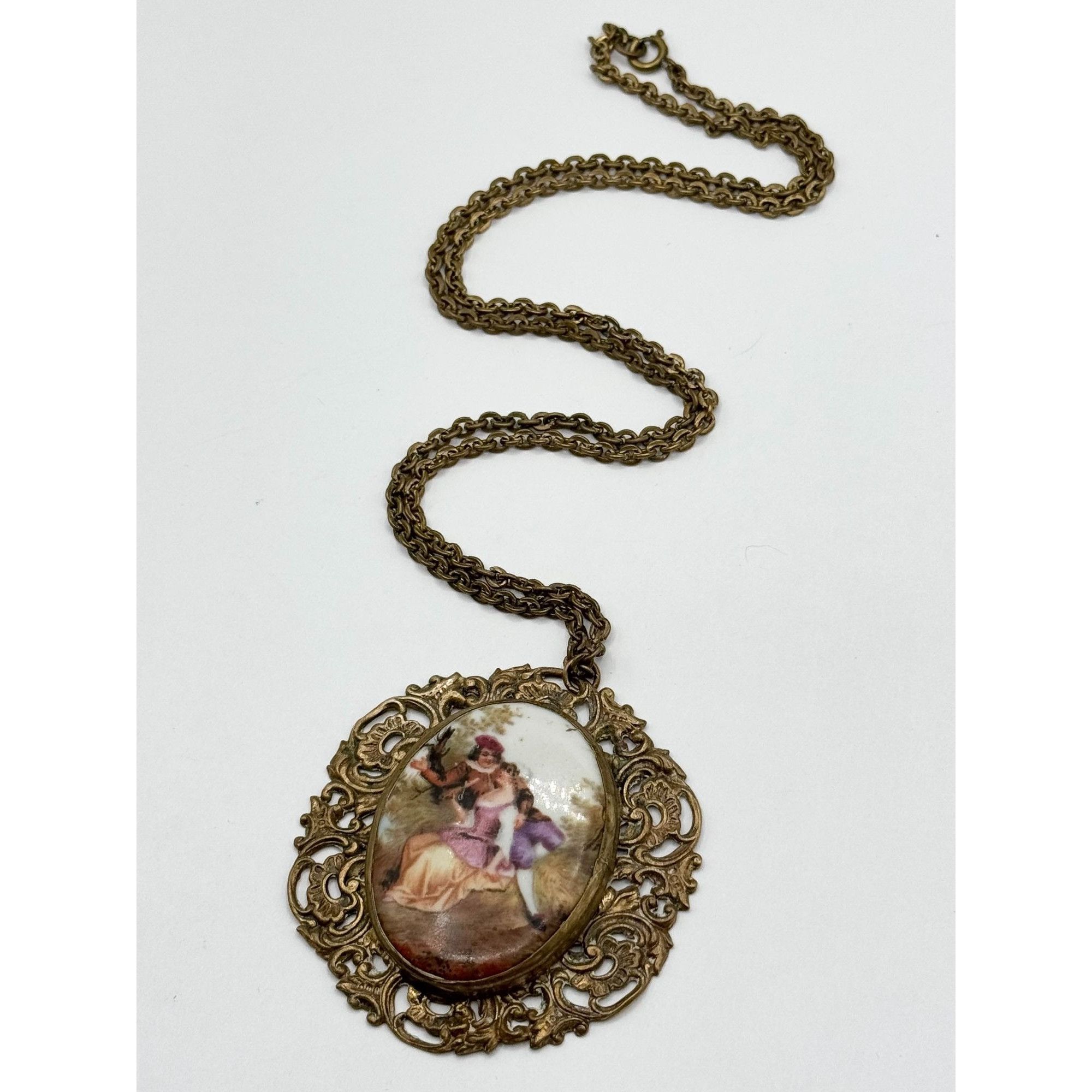 Antique old Victorian Courting Couple bezel set porcelain br