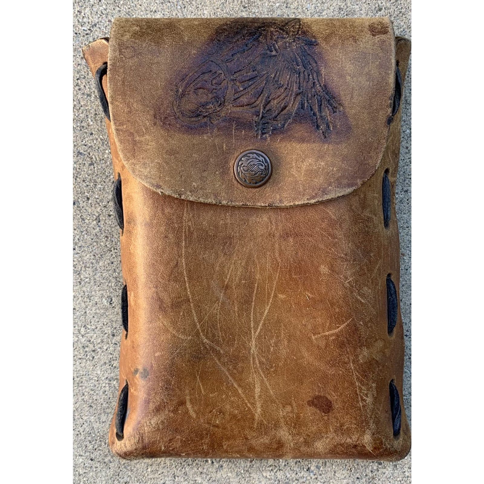 Vintage VINTAGE Tooled Leather Pouch Bag Western Laced Sides Horse Design Snap Closure Belt Bag Brown Unisex Adult Size ONE SIZE - 6 Thumbnail