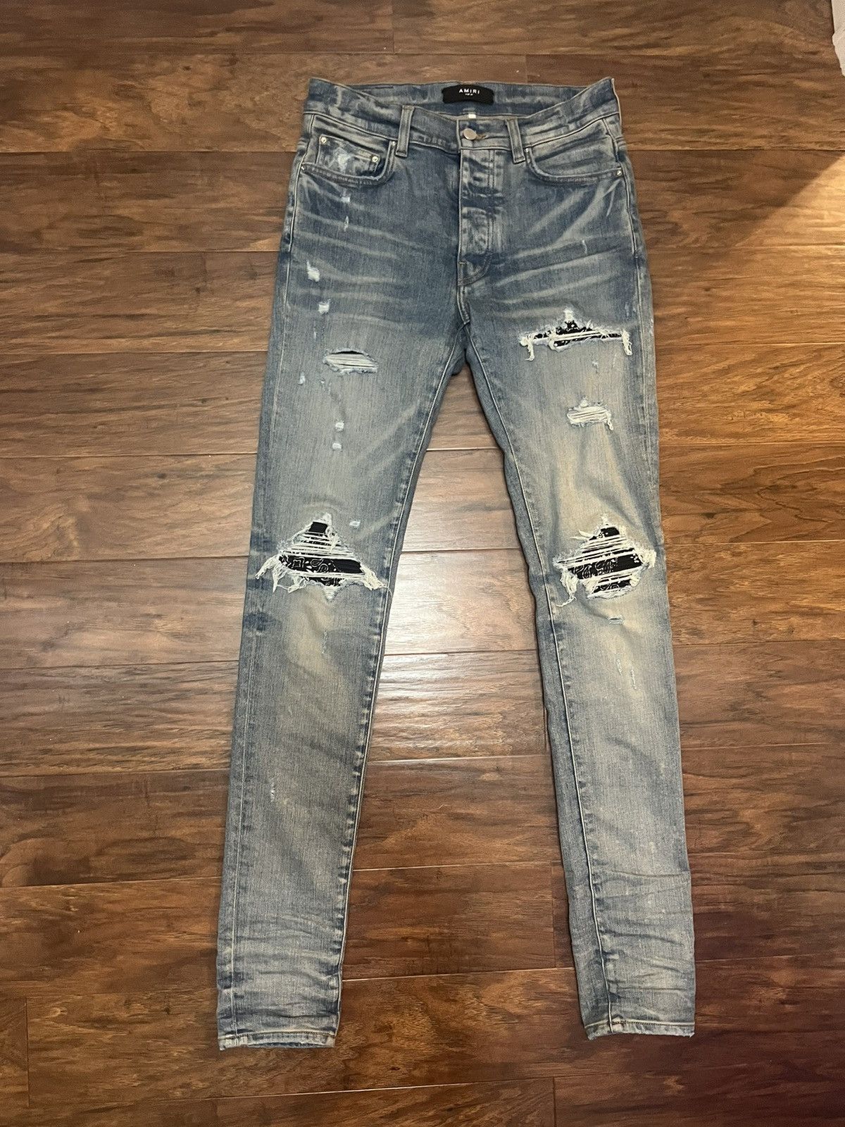 Jean AMIRI MX1 Denim Indigo Classique - Taille 34, Avec Rembourrage 100% Cuir Véritable, Occasion Très Bon état