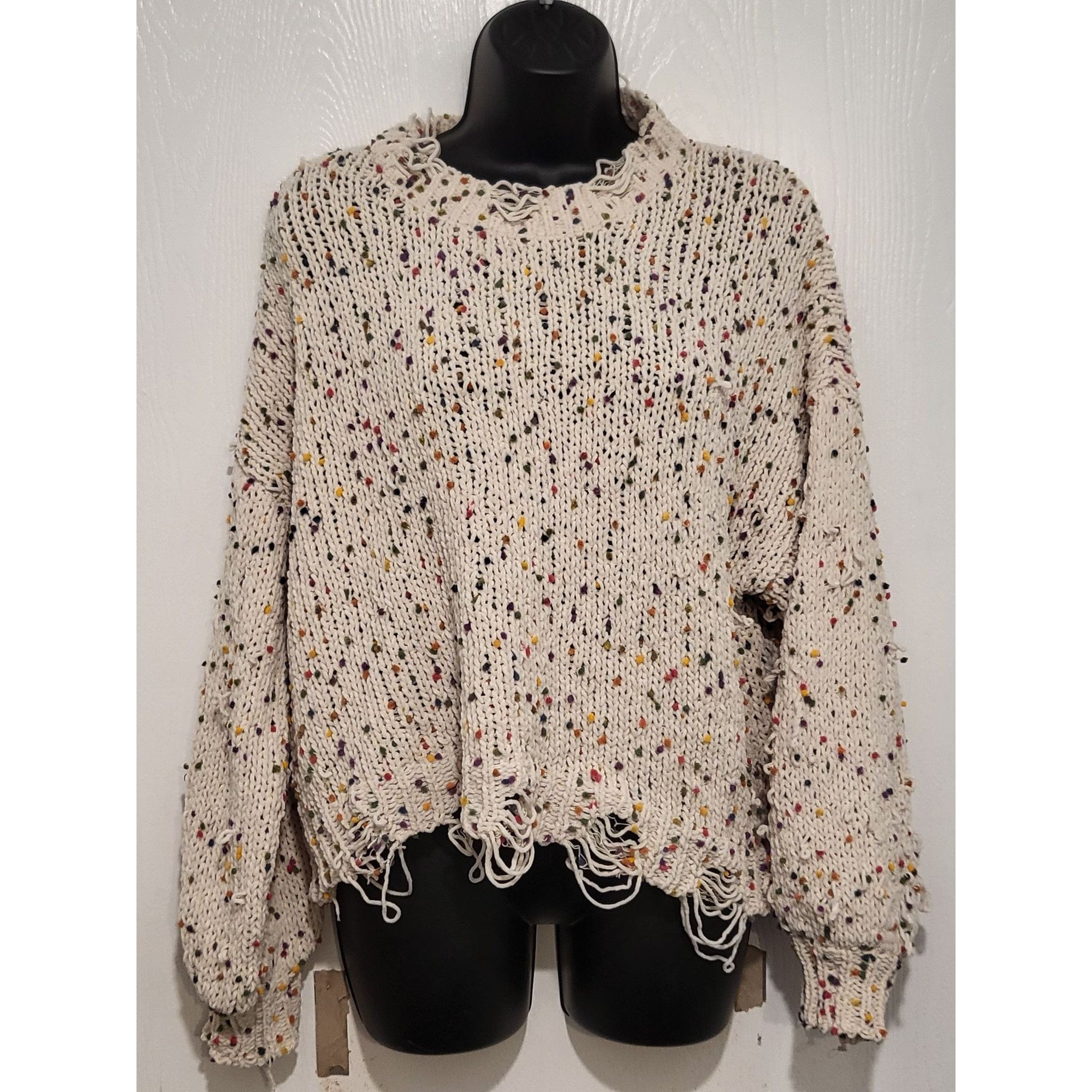 Other POL Sweater Rainbow Confetti Cropped Distressed Tan Cream Sz Size L / US 10 / IT 46 - 1 Thumbnail