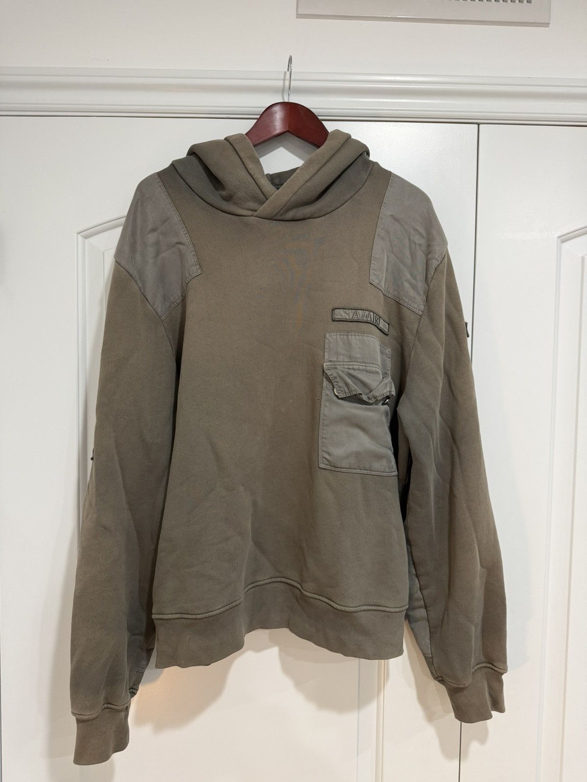 Amiri Amiri Military Green Cotton Knit Patched Detail Hoodie Size US L / EU 52-54 / 3 - 4 Thumbnail