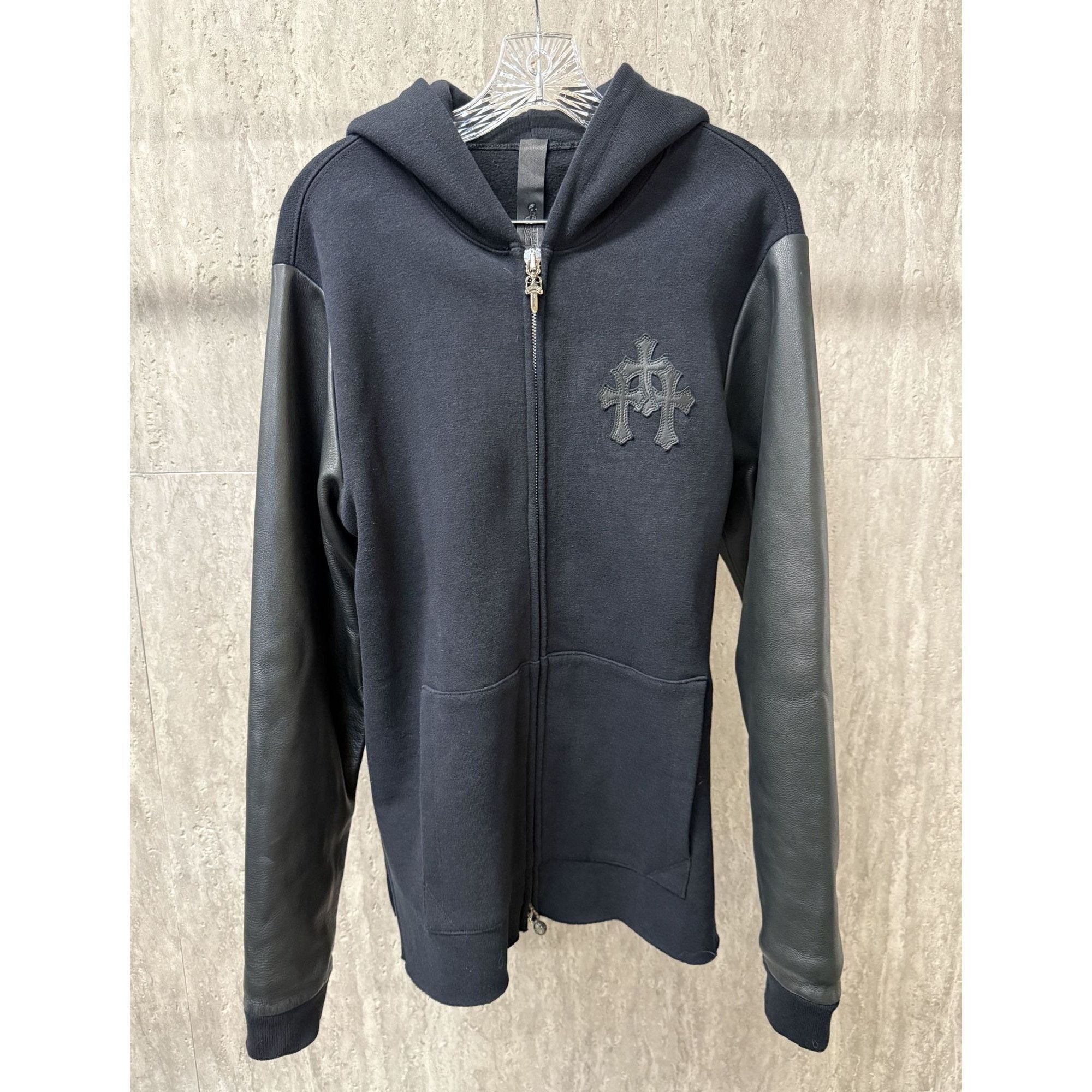 Chrome Hearts Chrome Hearts Black Hoodie W/ Leather Sleeves & Gothic Cross Size L / US 10 / IT 46 - 1 Thumbnail
