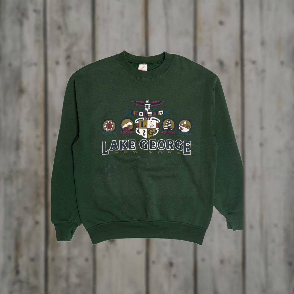 Jerzees Vintage Jerzees Lake George New York Destination Sweatshirt Green 1990s Medium Long Sleeve Cotton / Polyester Distressed Mens Size US M / EU 48-50 / 2 - 1 Thumbnail