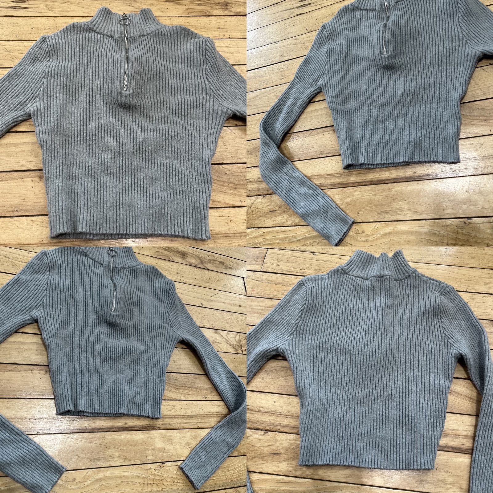 Vintage Love Tree Crop Knit Top Women S Mock Neck Long Sleeve Ribbed Gray 1/4 Zip Shirt Pullover S Gray Womens Size S / US 4 / IT 40 - 9 Thumbnail